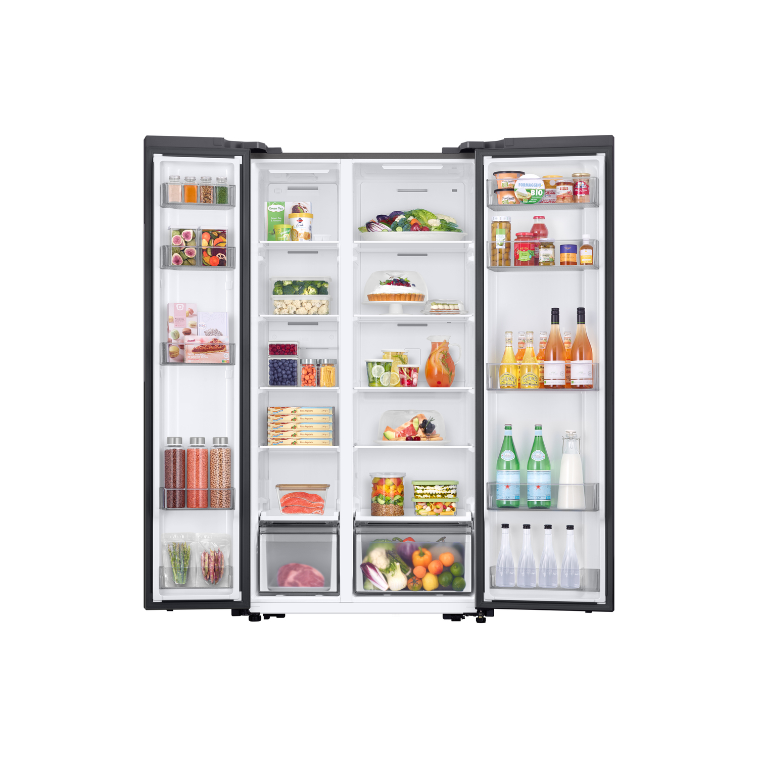 A refrigerator is open, filled with food. It has a dark exterior and a white interior.