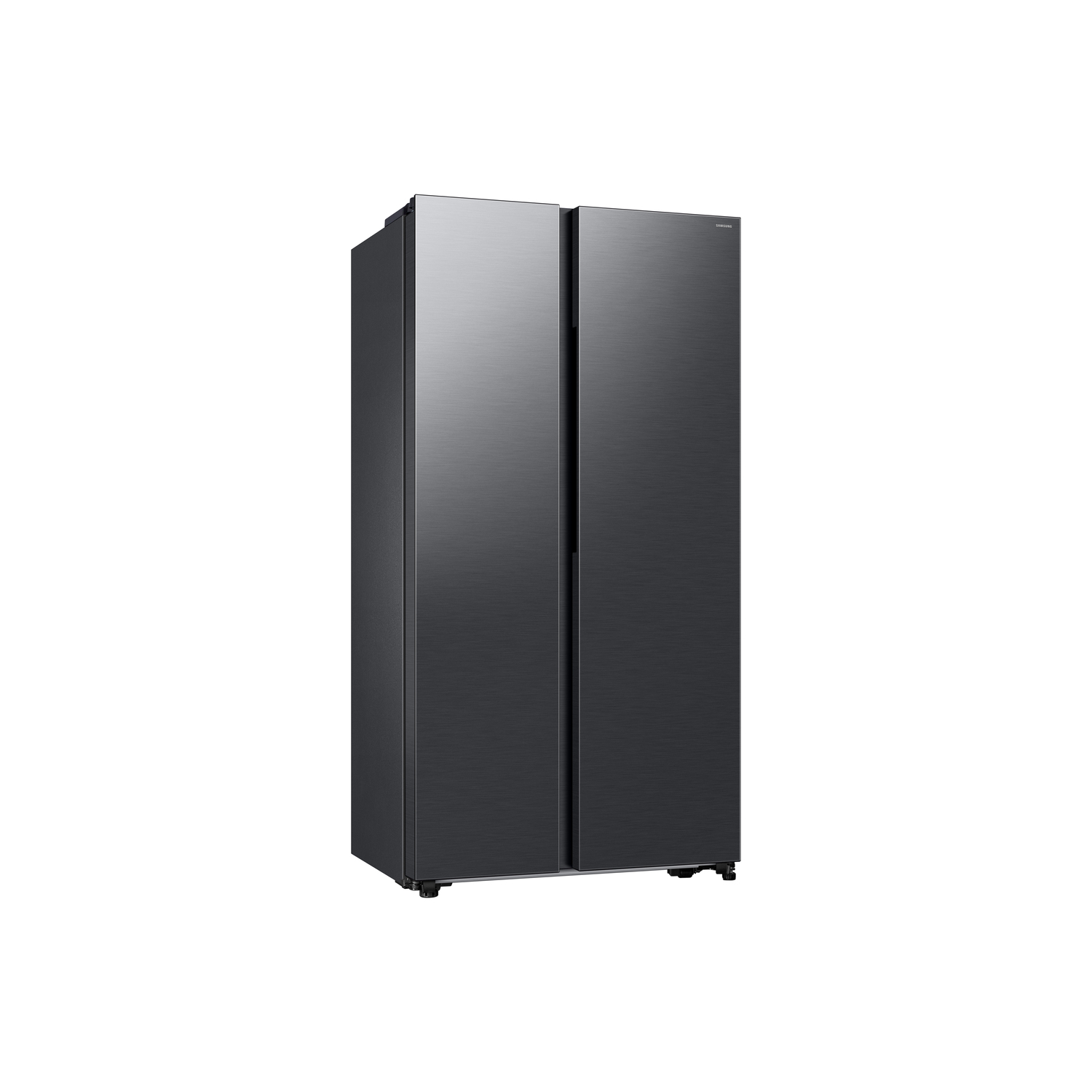 A black refrigerator with two doors. It is a side-by-side model.