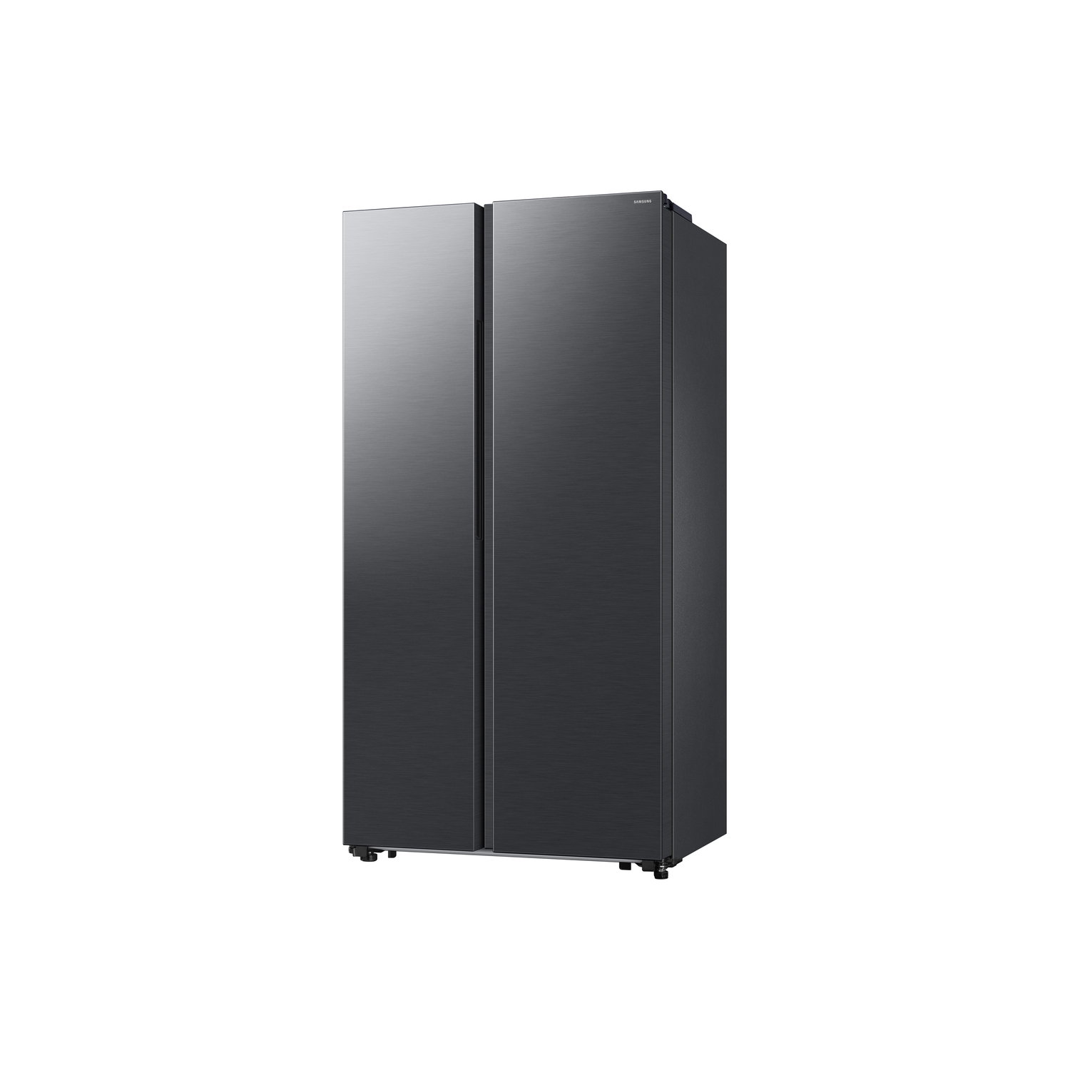 A black side-by-side refrigerator with two doors. The refrigerator is on a white background.