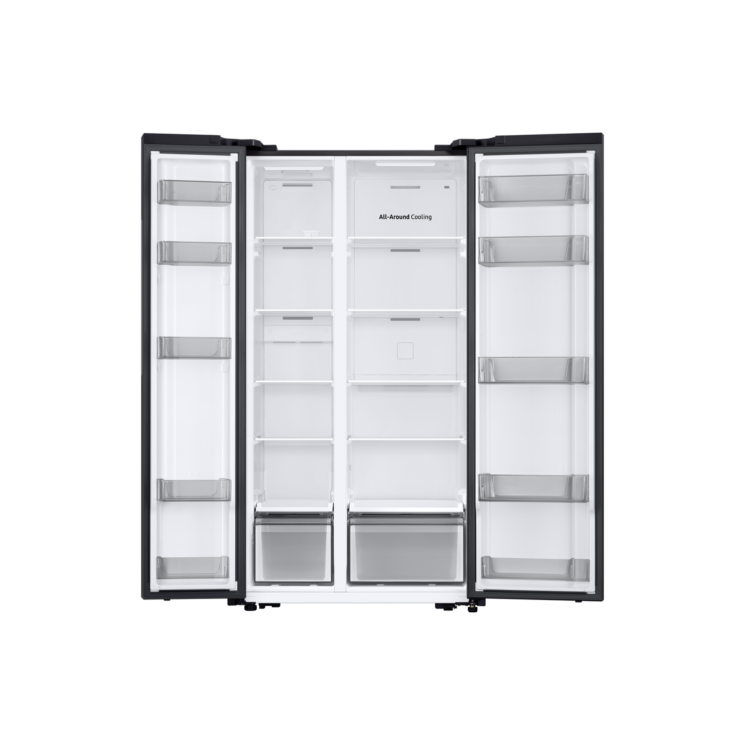 Open fridge. Black exterior, white interior. Shelves, drawers, and All-Around Cooling visible.
