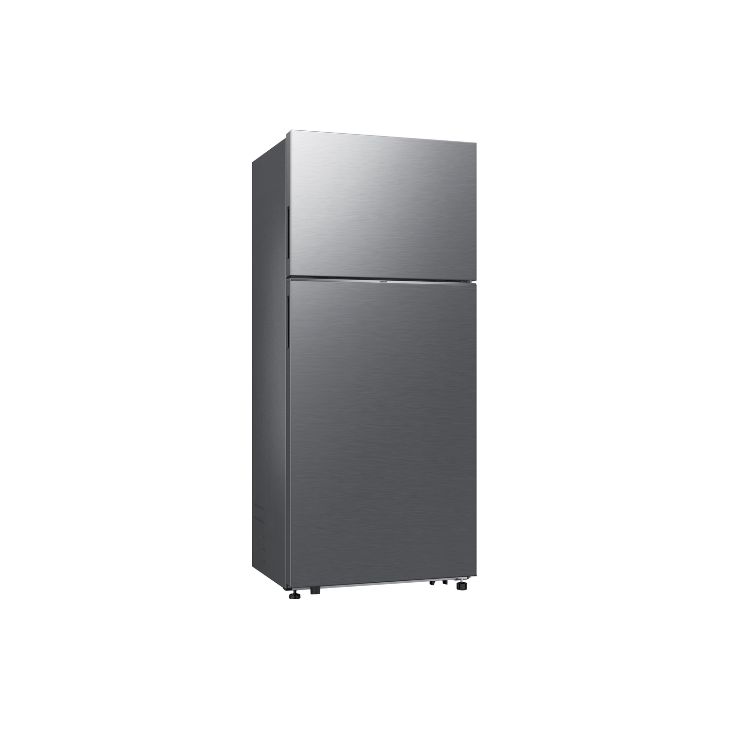 A silver refrigerator with a top freezer, standing against a white background.