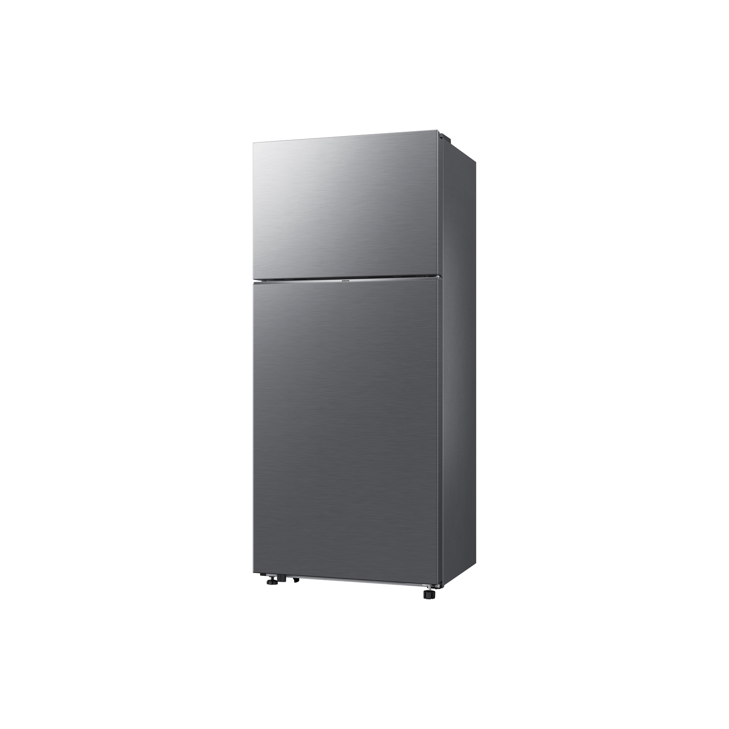 Metallic gray refrigerator, two-door top-freezer style, standing against a white background.