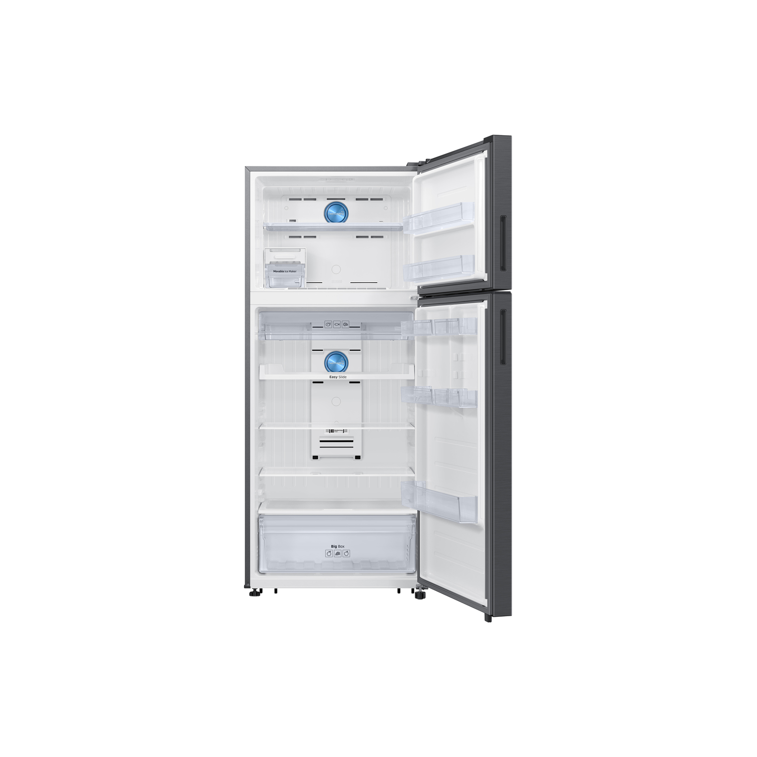 Open refrigerator, interior visible. Shelves, drawers, and various food items inside.