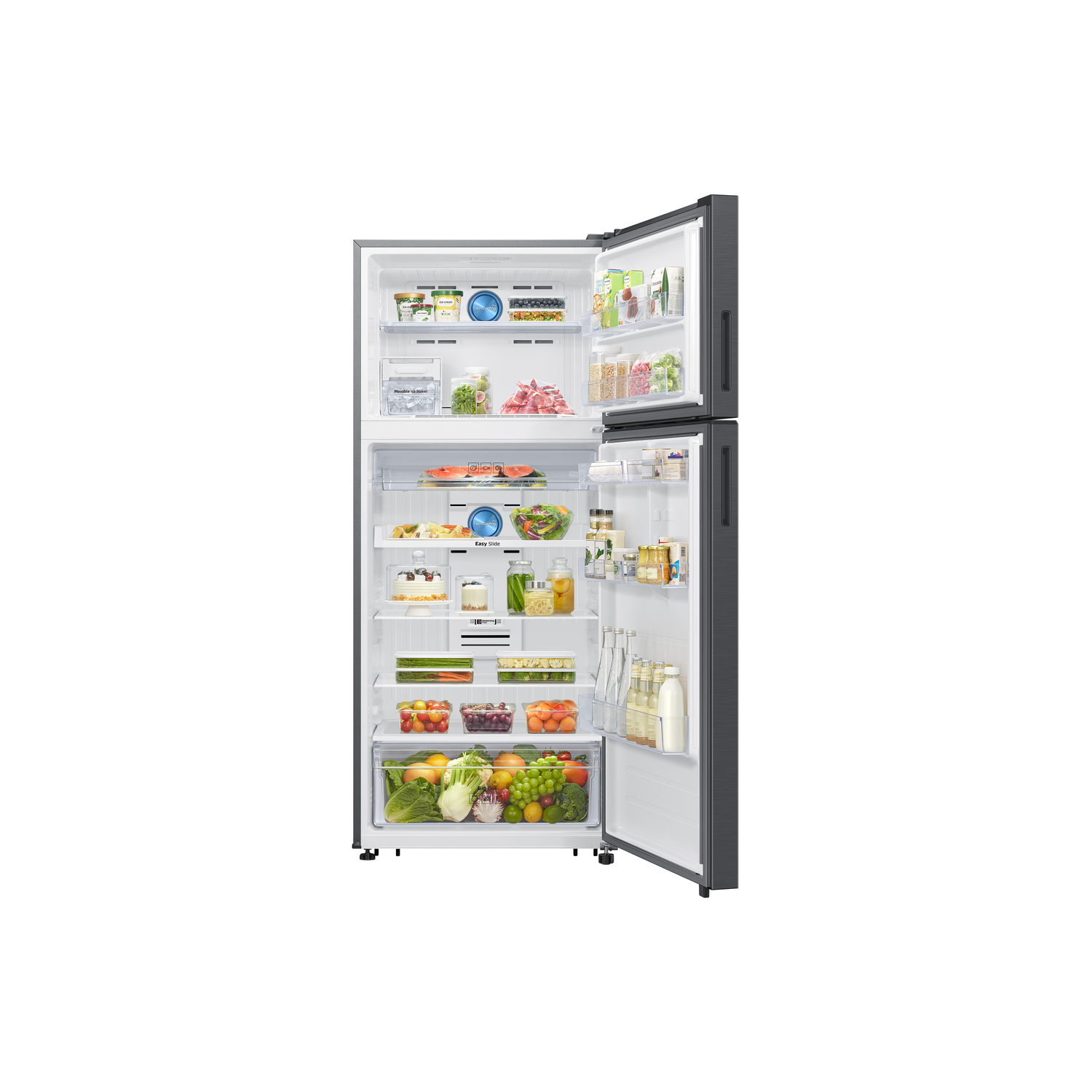 Refrigerator with two doors open, filled with food items. White background.