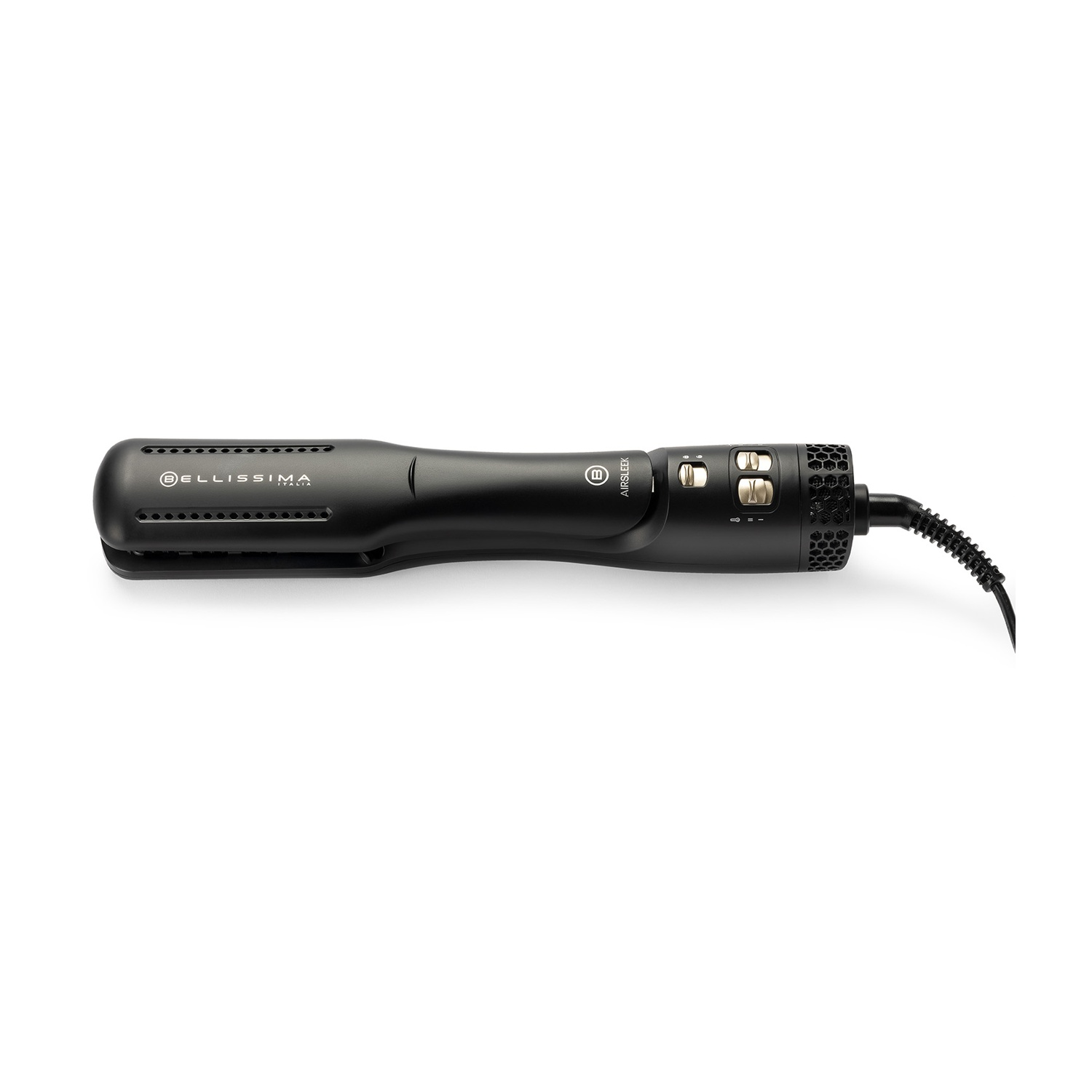Un'attrezzo nero per lo styling dei capelli con testa arrotondata e manico, con pulsanti, orizzontale.