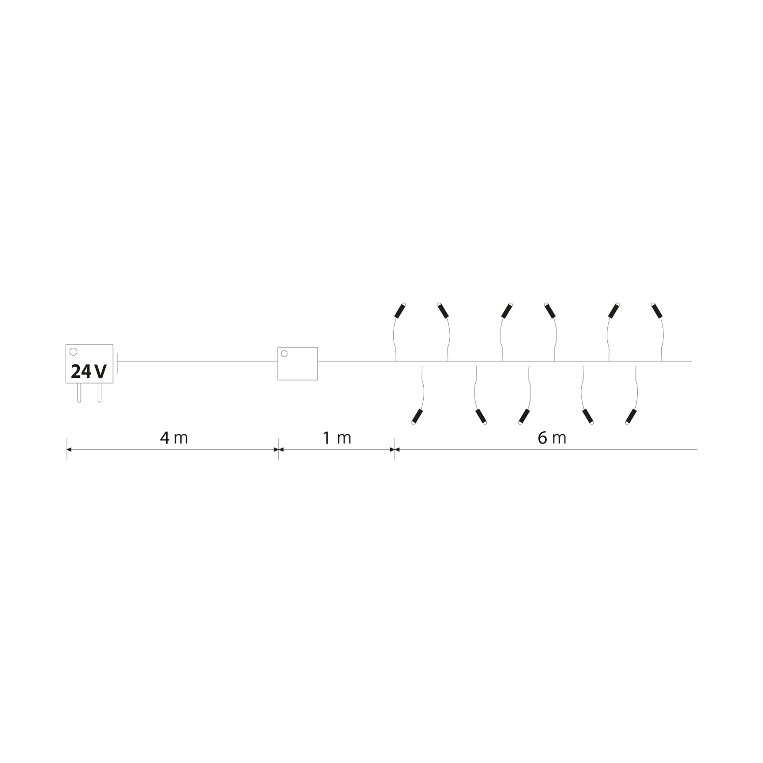 Un diagramma che mostra un alimentatore da 24 V collegato a una serie di luci.