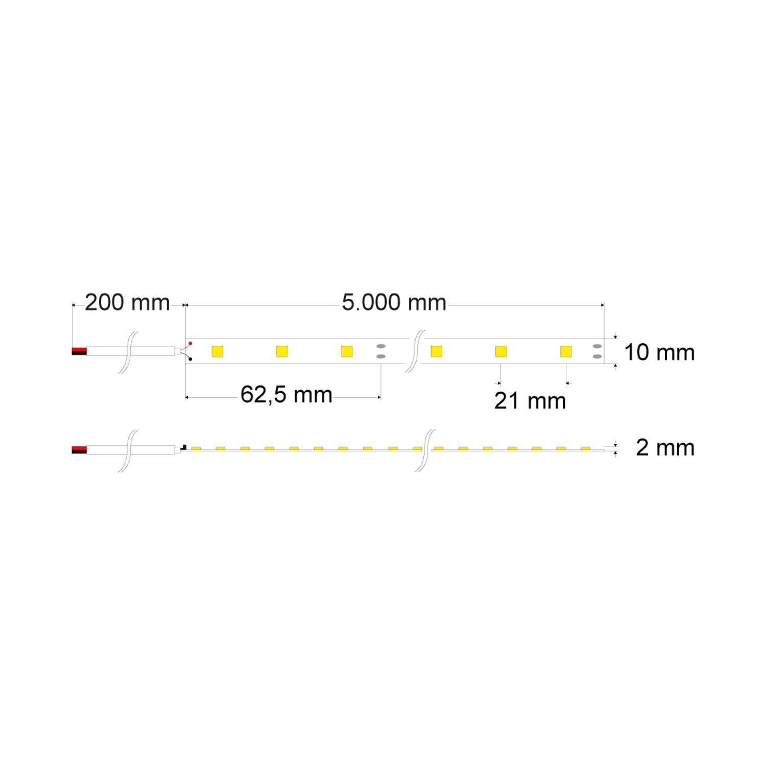 Diagramma tecnico di una striscia LED con dimensioni in millimetri.