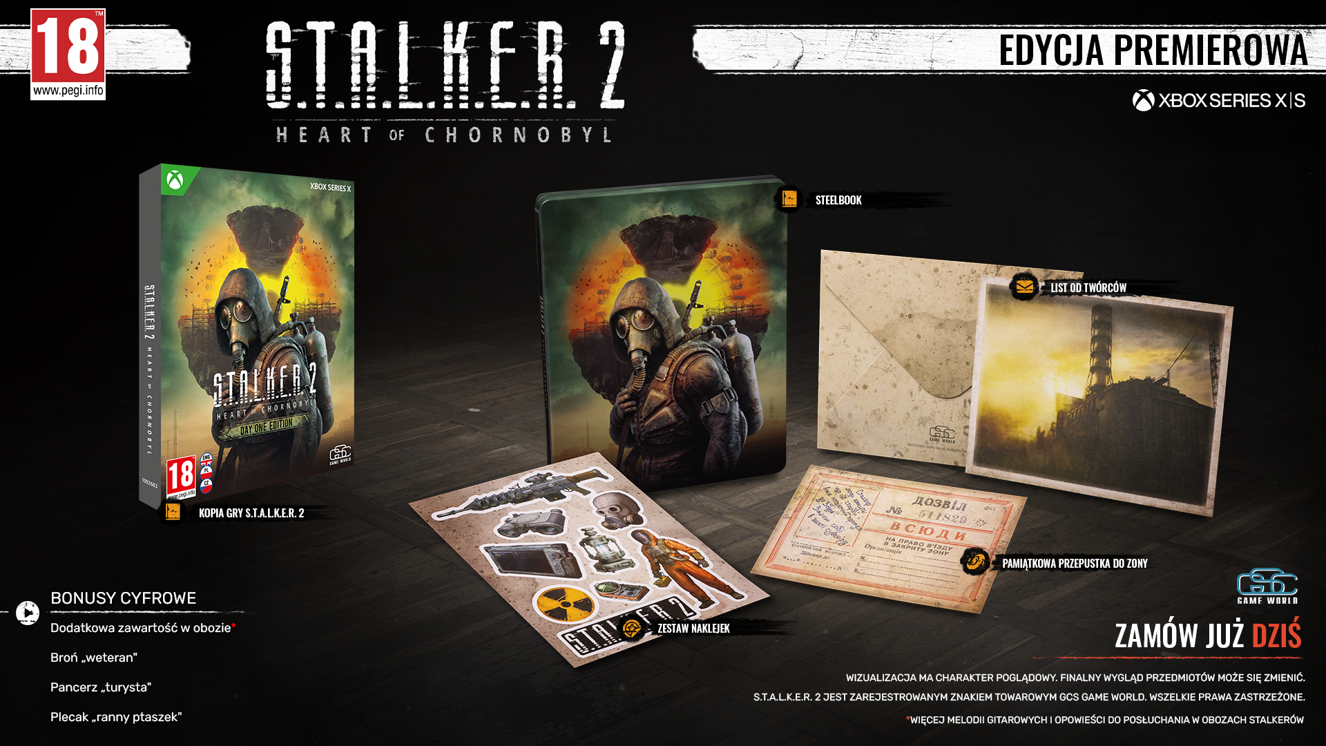 Obraz promocyjny gry S.T.A.L.K.E.R. 2, w tym pudełko z grą, steelbook i inne gadżety.