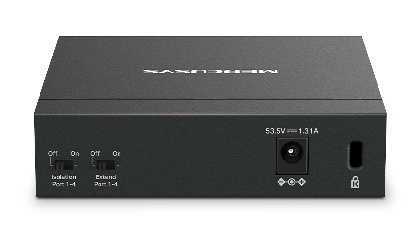 Czarne urządzenie sieciowe z portami i przełącznikami, pokazujące szczegóły wejścia zasilania.