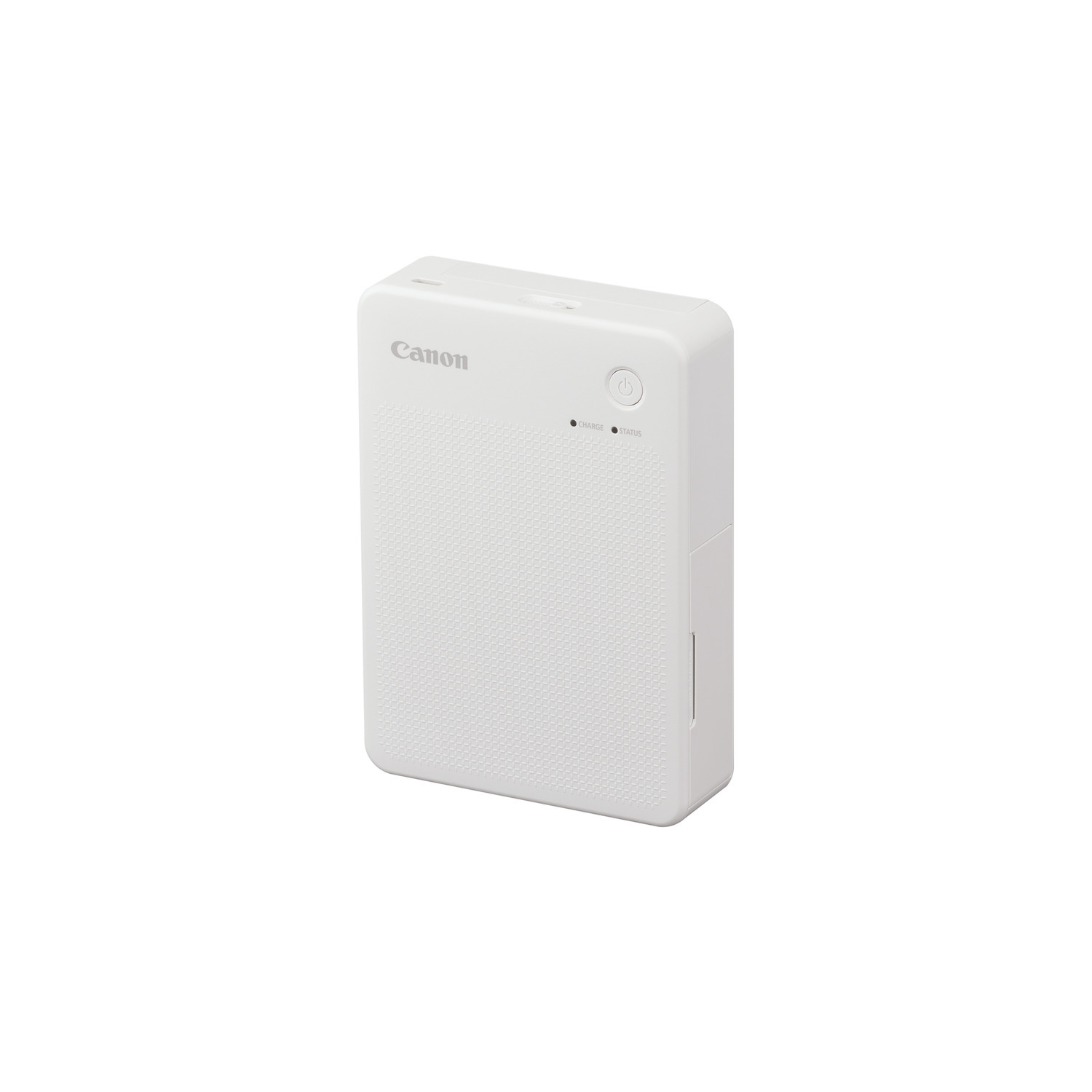 Une imprimante Canon blanche. Elle est rectangulaire et possède un bouton d'alimentation et une petite lumière.