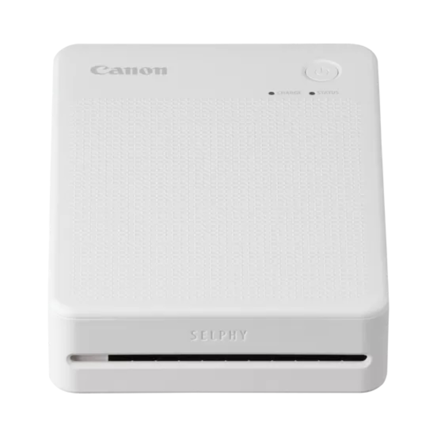 Imprimante Canon Selphy blanche. Voyants d'alimentation et d'état, fond blanc.
