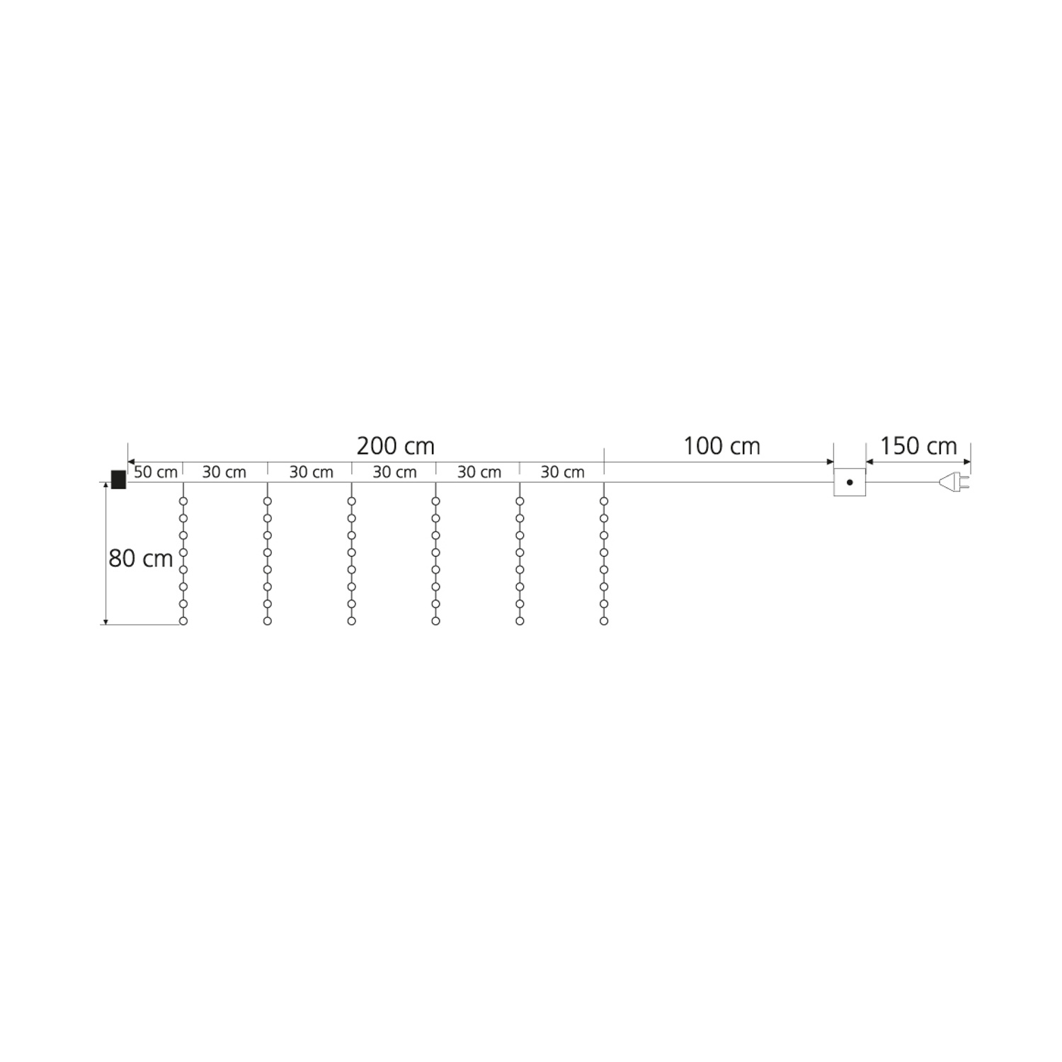 Un diagramma di luci a catena con dimensioni in cm. Una spina è a destra.