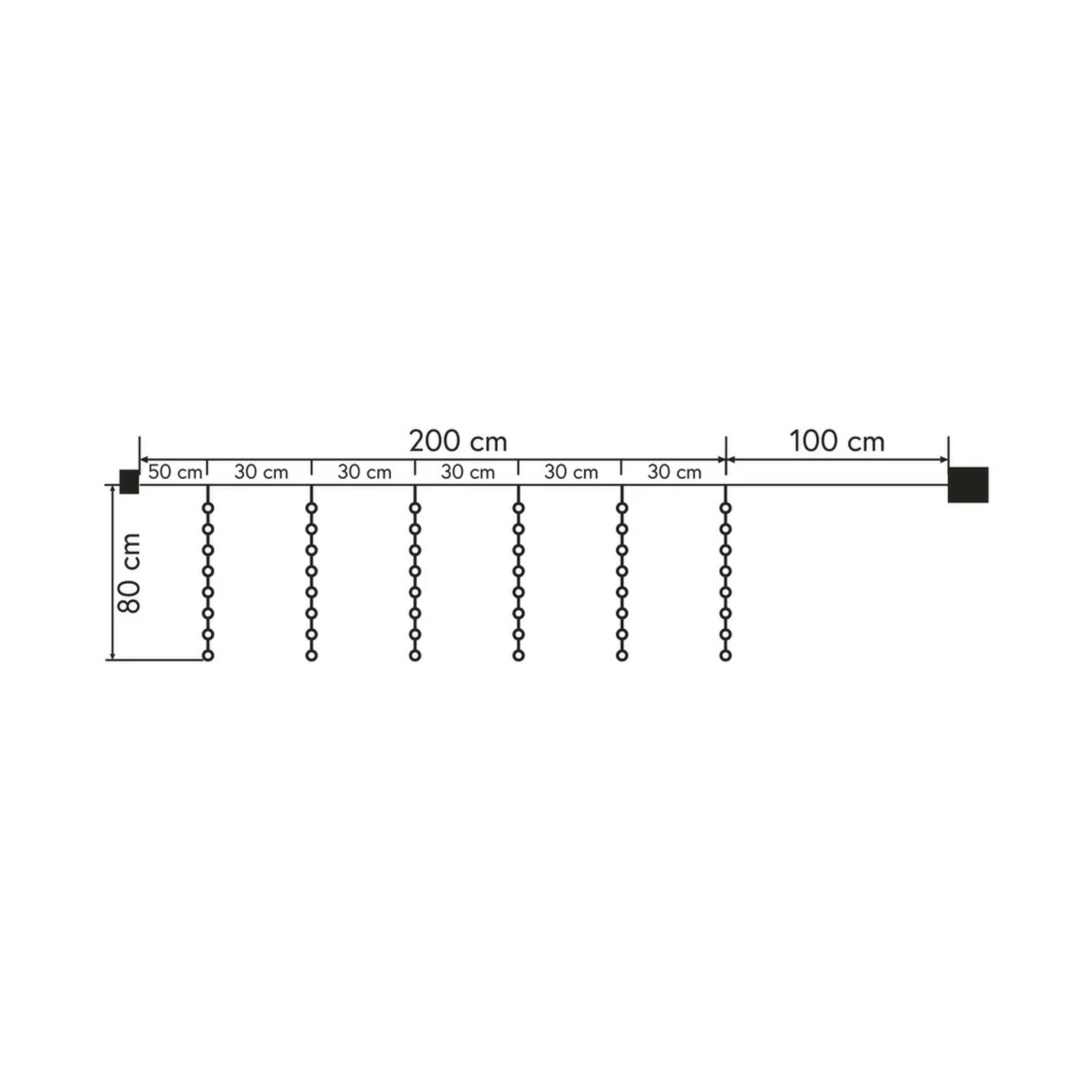 Un diagramma lineare che mostra una serie di luci a sospensione con misure in cm: 50, 30, 200, 30, 30, 100.