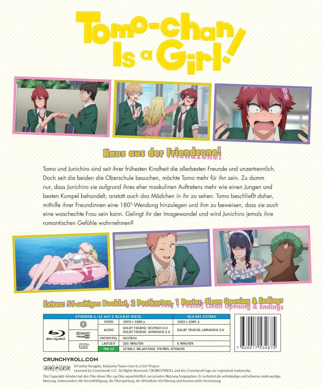 Rückseite der „Tomo-Chan Is A Girl“-Blu-ray-Disc mit Anime-Charakteren und Text.