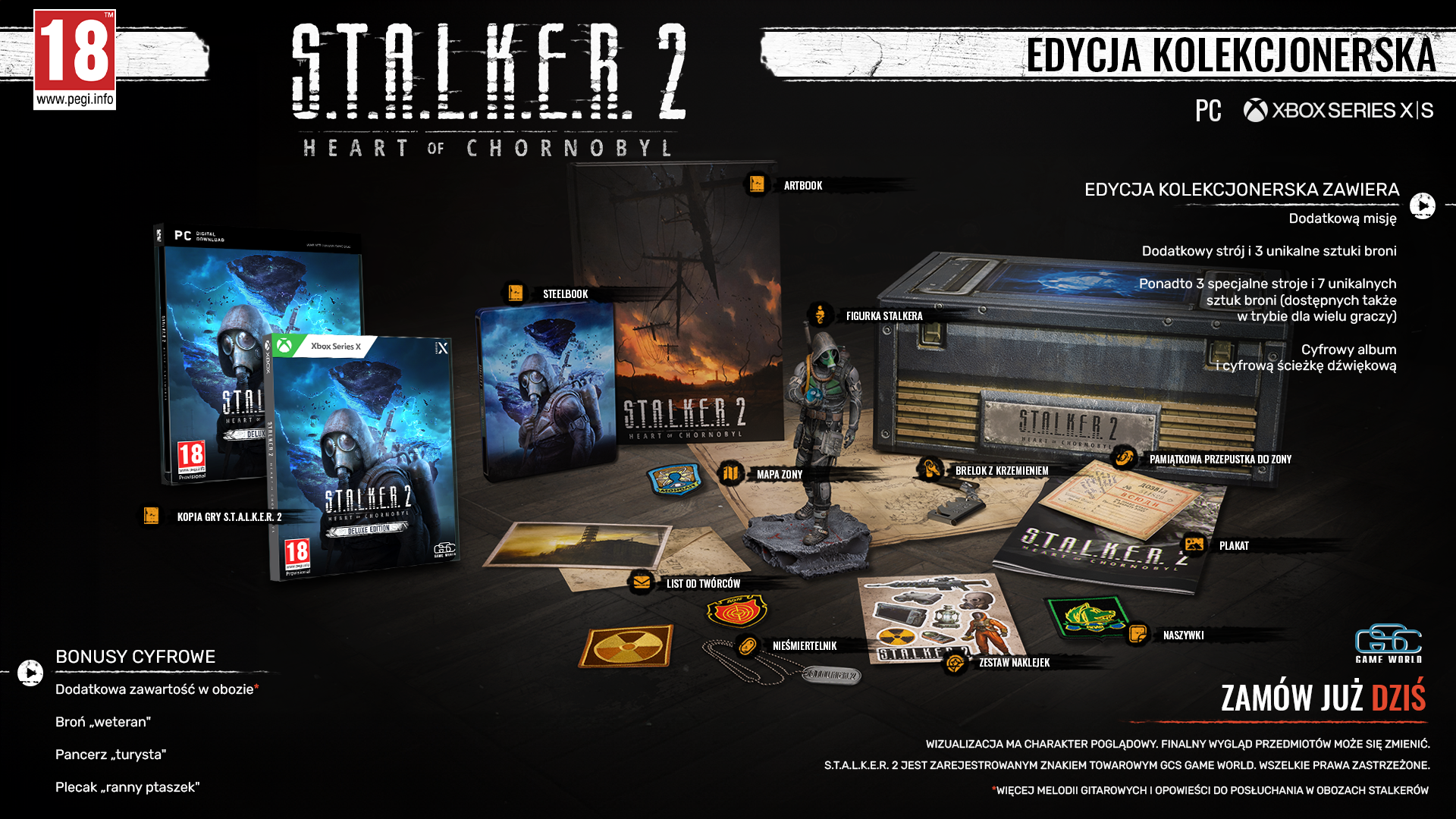 Zawartość pudełka z grą Stalker 2: dyski z grą, figurki, mapa, naszywki, artbook i inne przedmioty.