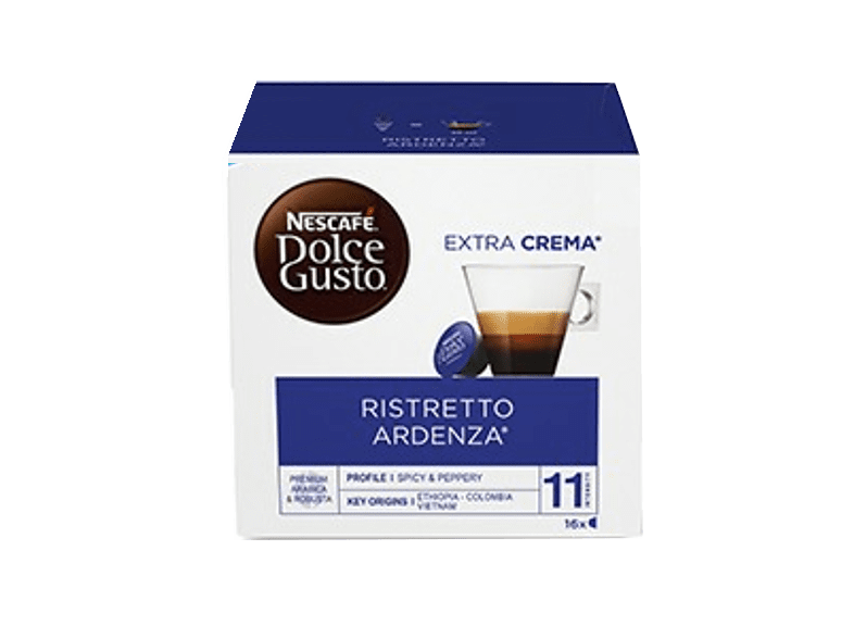 Caja de cápsulas de café. Caja blanca con imagen de taza de café y marca Nescafé Dolce Gusto.