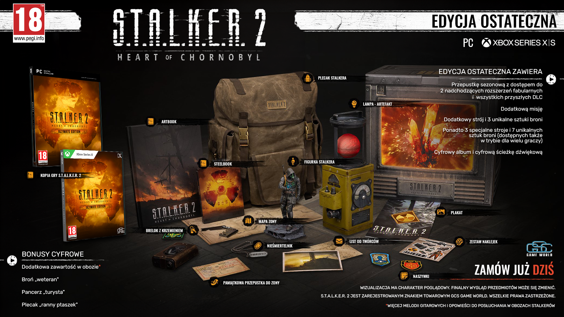 Stalker 2: Heart of Chornobyl edycja ostateczna zestaw pudełkowy z różnymi przedmiotami.