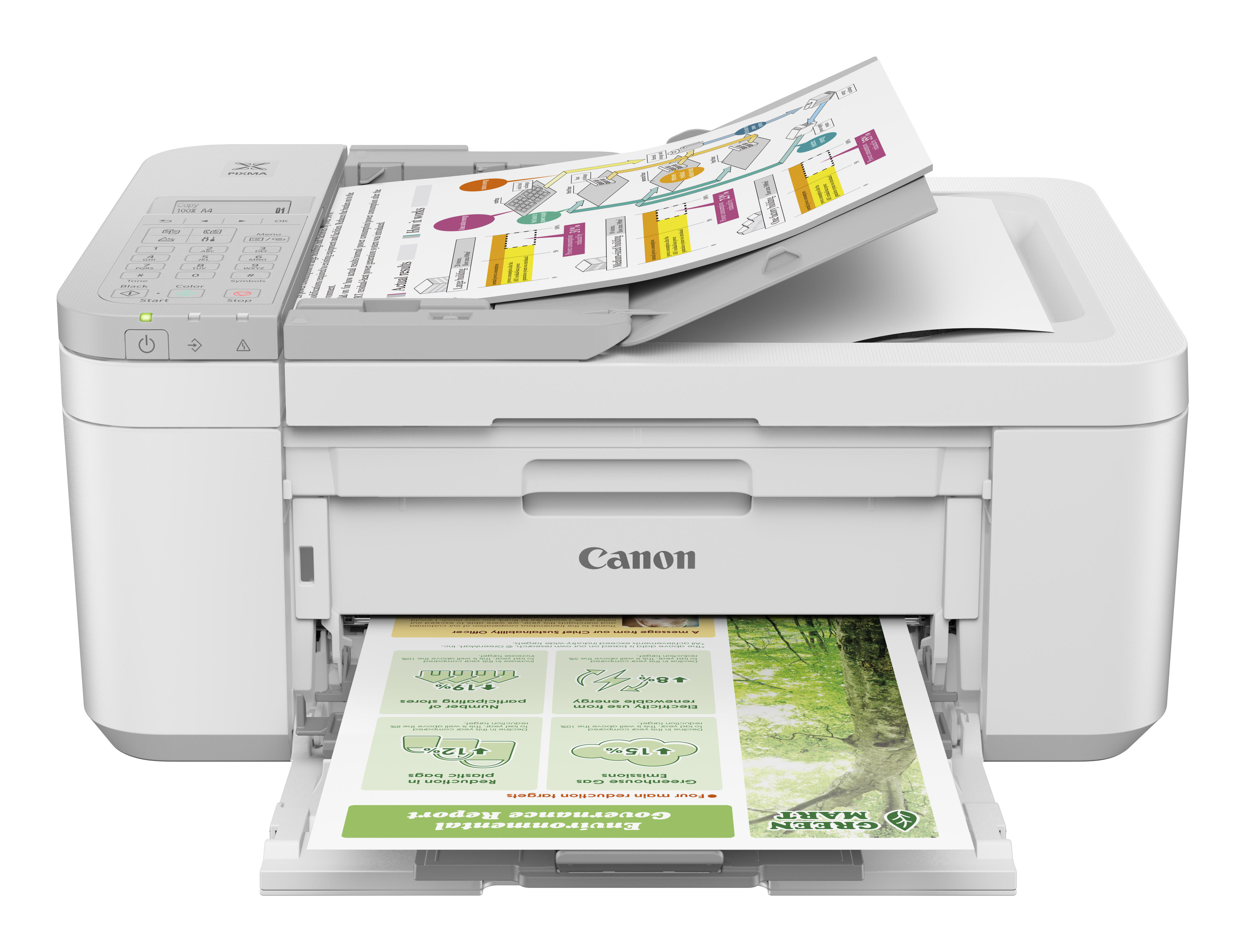 Ein weißer Canon-Drucker druckt zwei Blätter Papier mit einem hellgrauen Scanner.