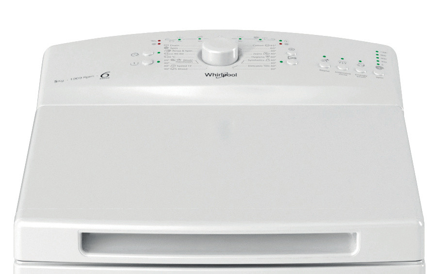 Fehér Whirlpool mosógép felülnézete. Látható a vezérlőpanel, a tárcsa, a gombok és a kijelző.