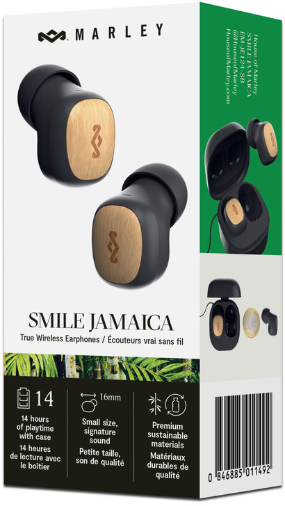 A House of Marley Smile Jamaica fülhallgatóinak doboza. A fülhallgatók láthatók.