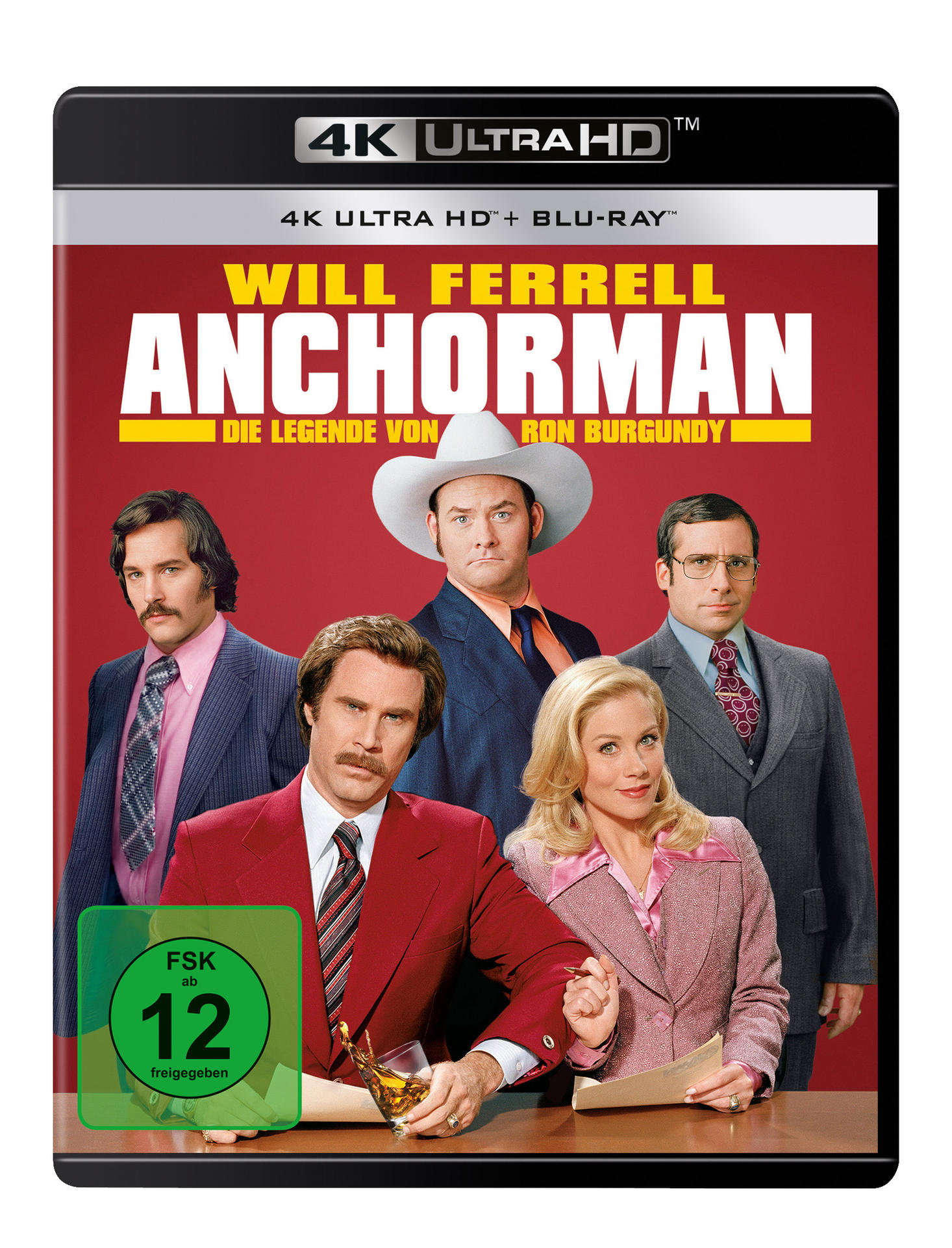 Filmcover für Anchorman, mit Will Ferrell und anderen Schauspielern vor rotem Hintergrund.