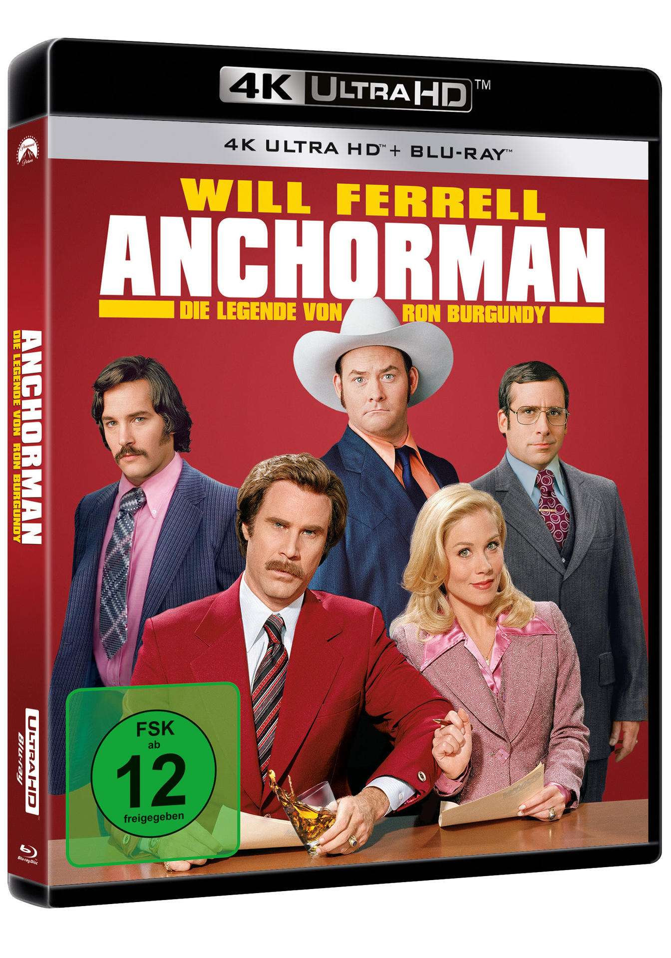 DVD-Hülle des Films Anchorman. Zur Besetzung gehört Will Ferrell. Rotes, weißes und blaues Farbschema.