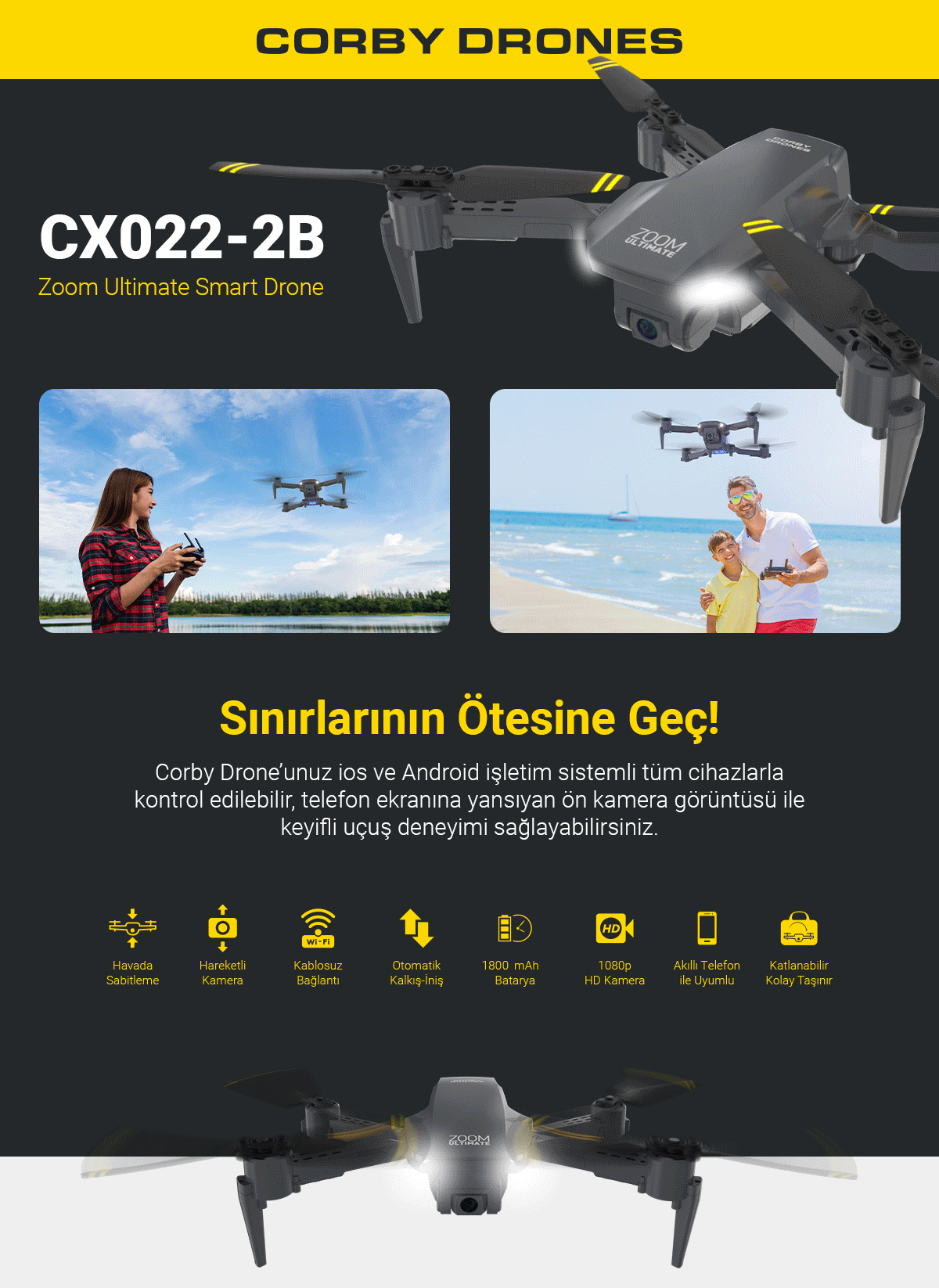 Türkçe metinli bir drone. Bir kadın ve dronlu bir çocuğun görüntüleri.