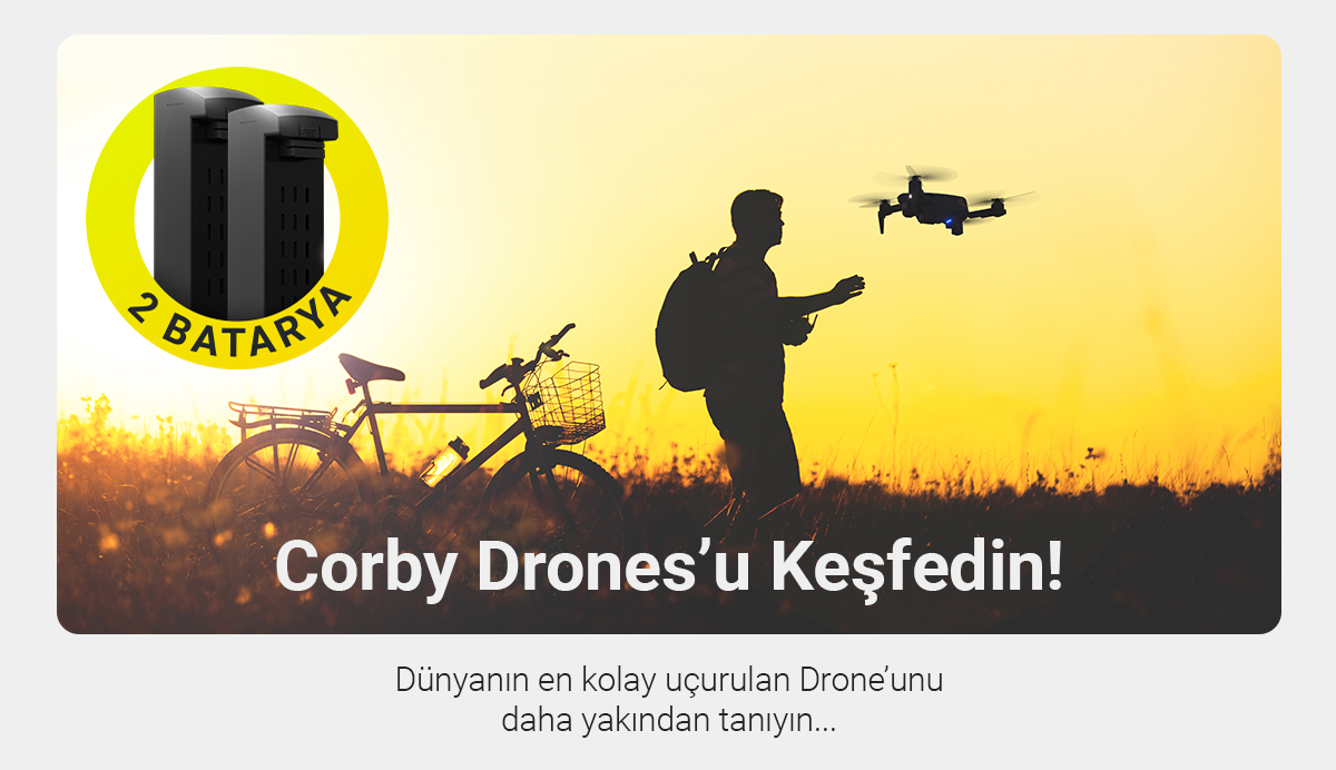 'Corby Drones' metinli ve gün batımı sahnesinde bir dronla bir kişiyi gösteren görsel.