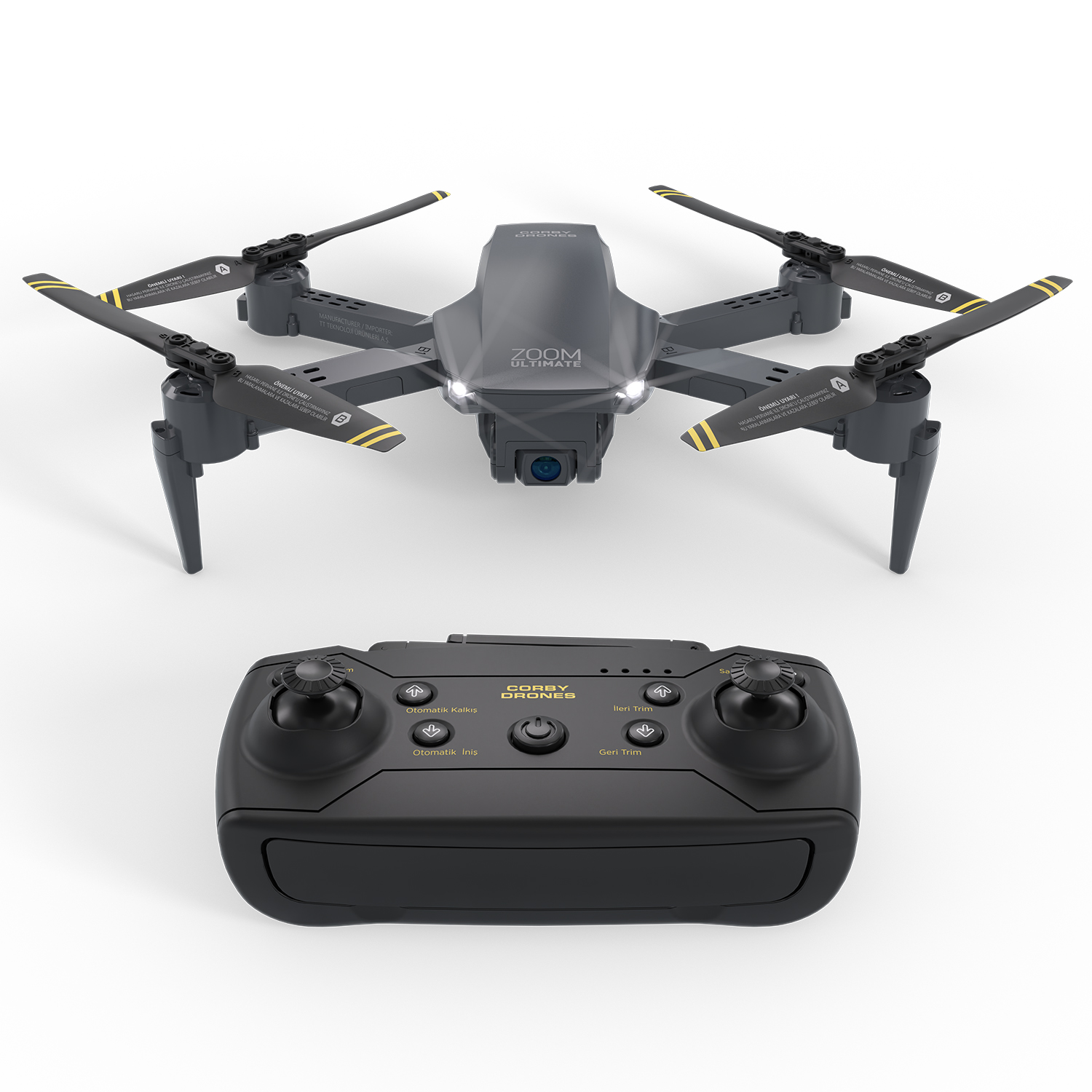 Uzaktan kumandalı siyah ve gri bir drone. Dronun dört pervanesi var.
