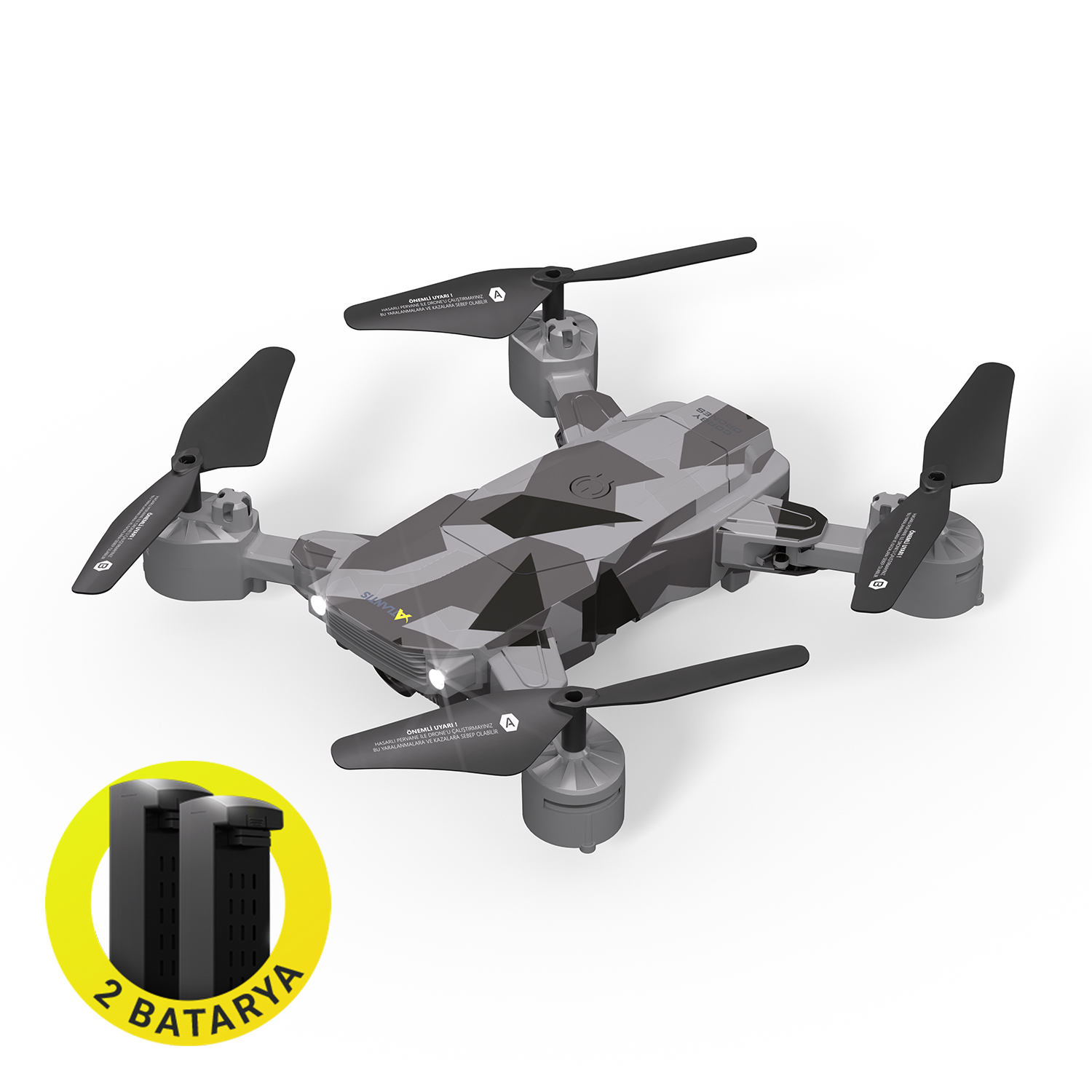 Pervaneleri olan gri ve siyah bir drone ve bir kutuda iki adet ek pil.