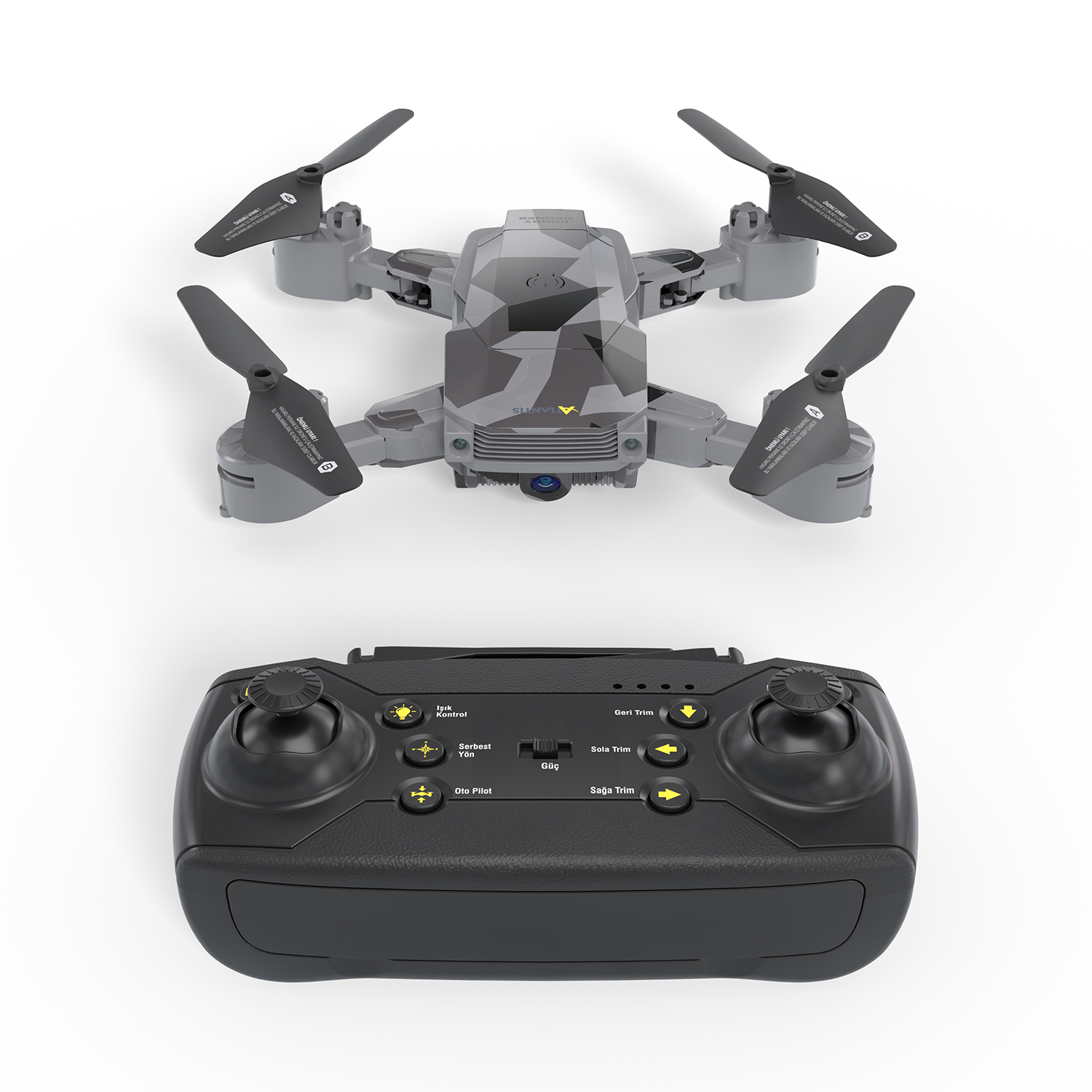 Drone ve kumanda, kamuflaj tasarımlı drone, pervaneler ve iniş takımı.