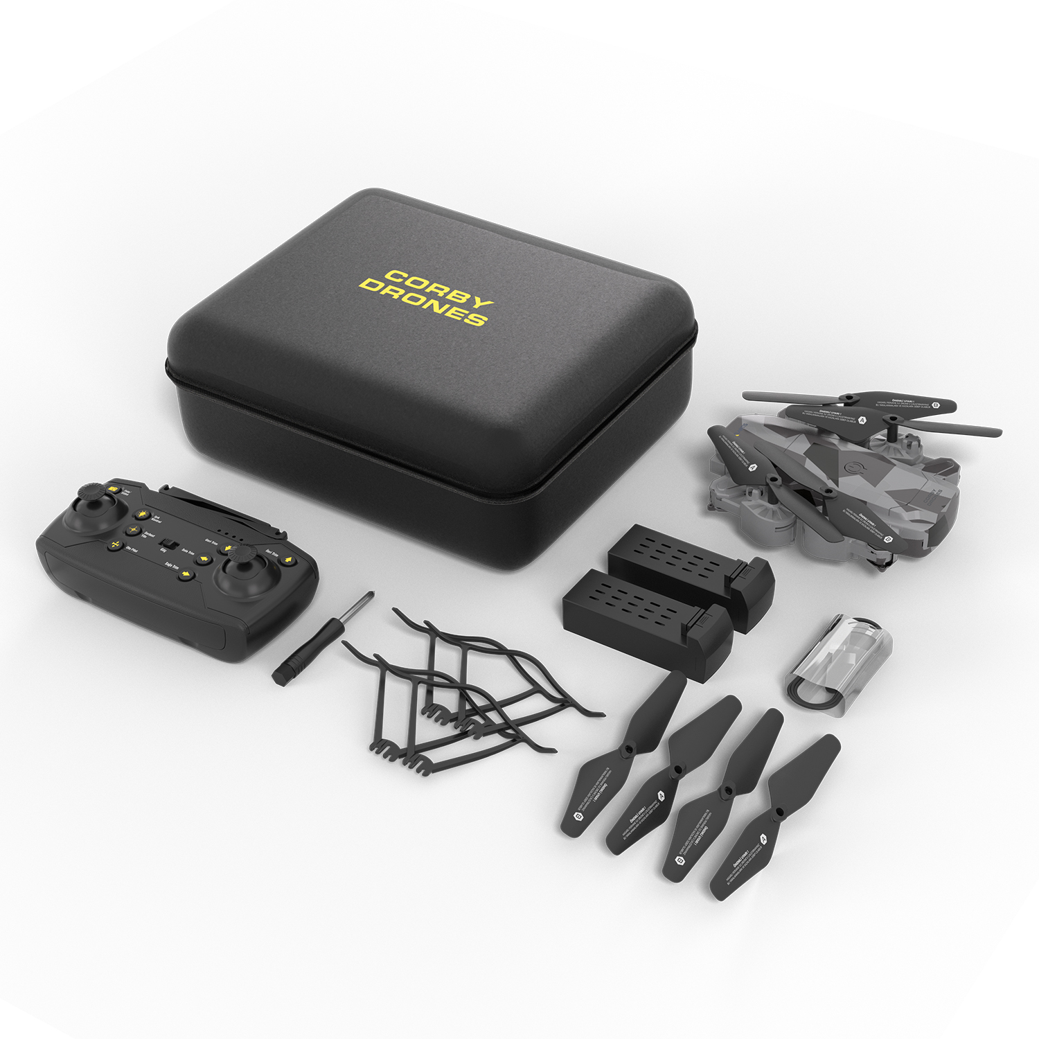 Drone, uzaktan kumanda, piller, pervaneler ve taşıma çantası dahil drone kiti.