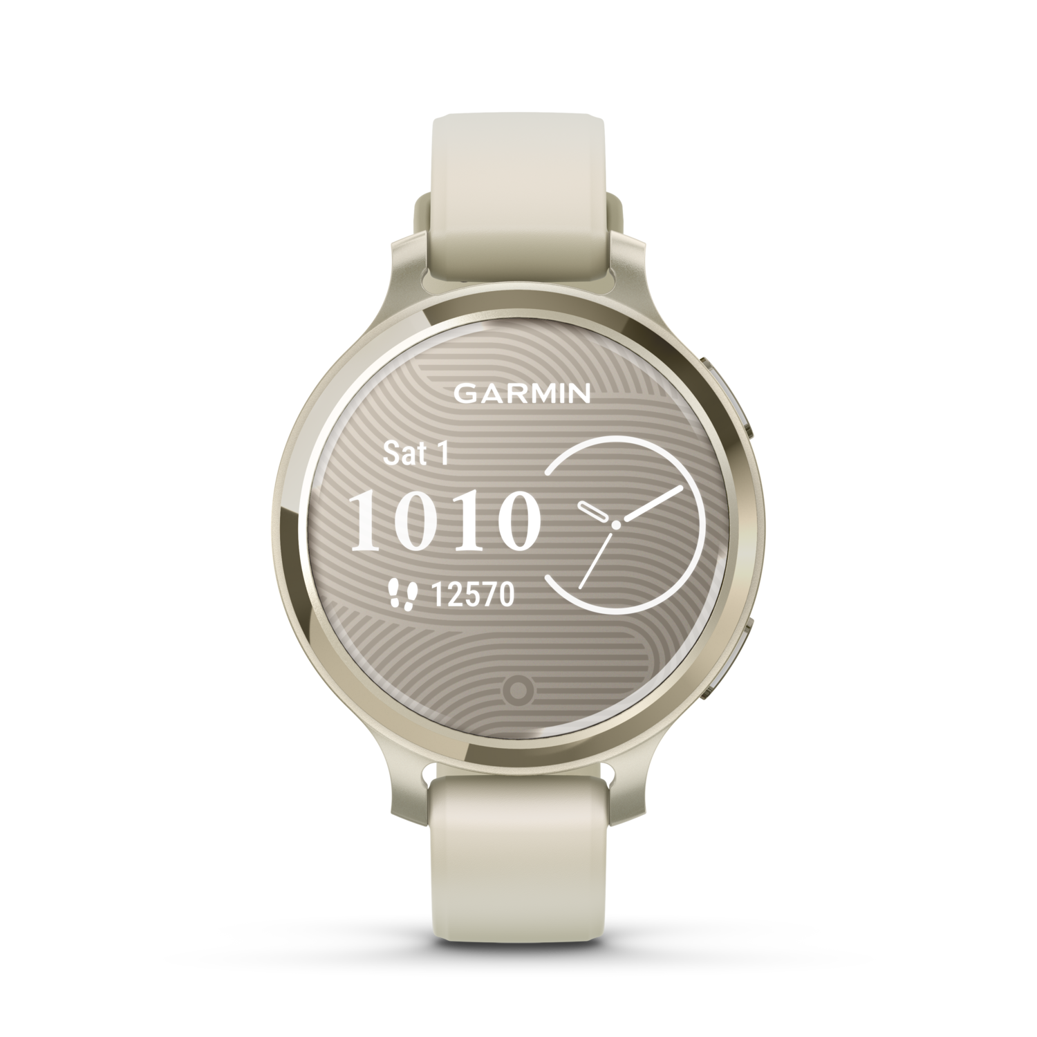 Garmin smartwatch met een crèmekleurige band en een digitaal display met tijd, datum en stappen.