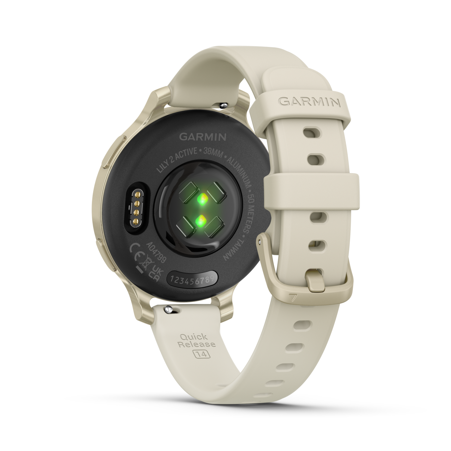 Achterkant van een Garmin horloge met crème band, toont de sensor en Garmin logo.