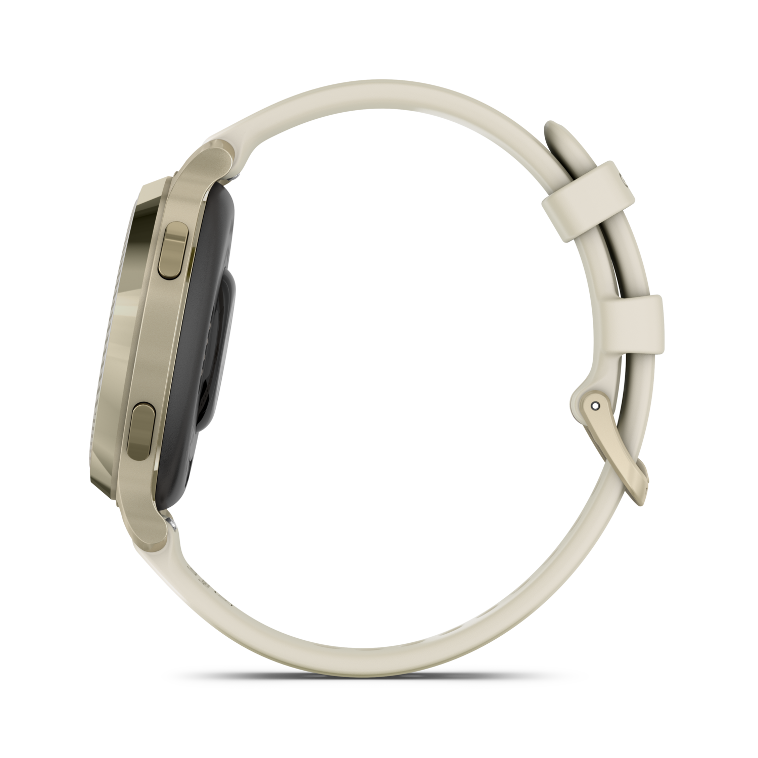 Zijaanzicht van een lichtgouden smartwatch met een witte band.