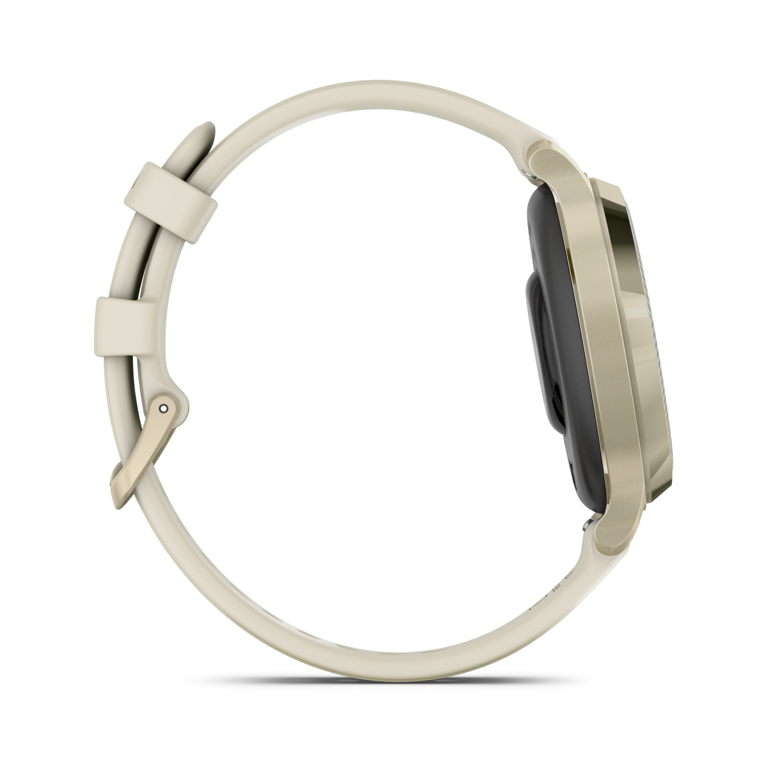 Smartwatch profielweergave. Gouden behuizing, crèmekleurige band en zwart display. Zijaanzicht met sluiting.