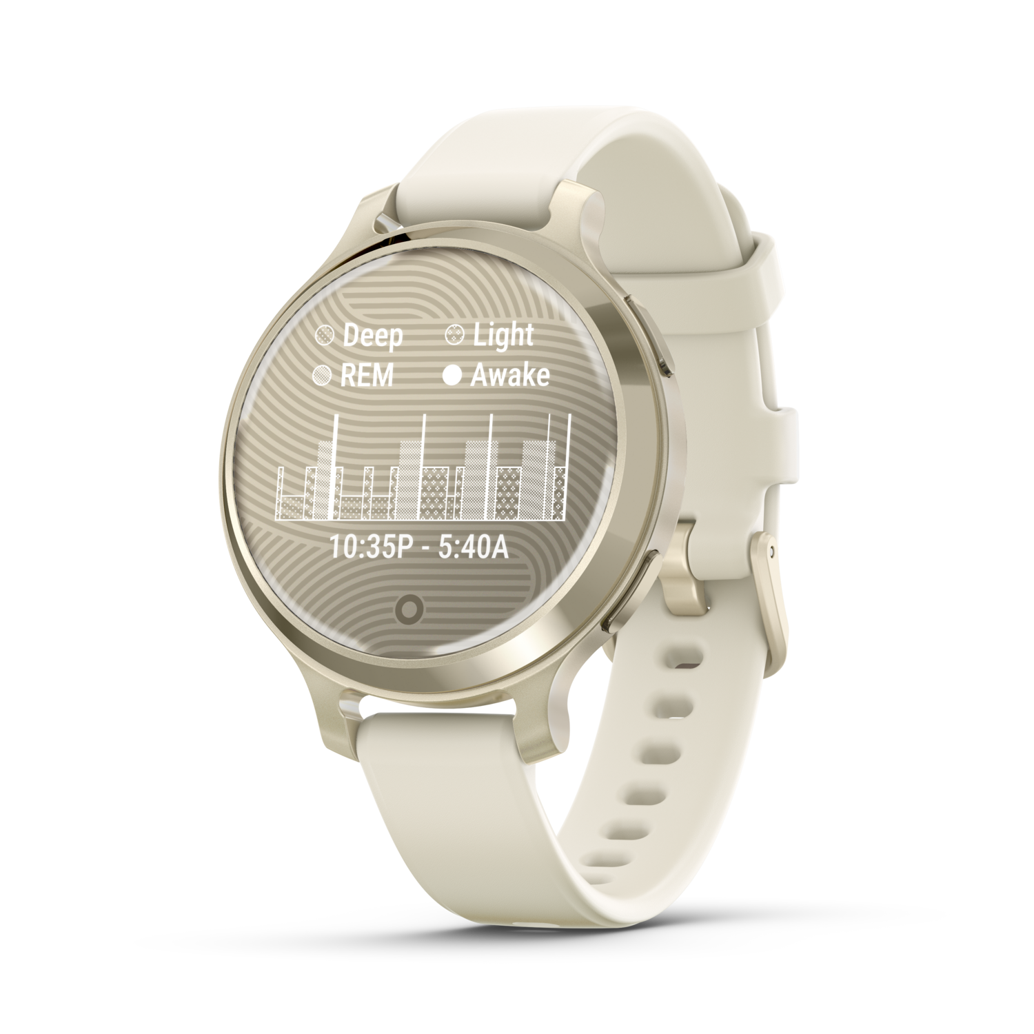 Smartwatch met crèmekleurige band. Toont slaapgegevens. Goudkleurige bezel.