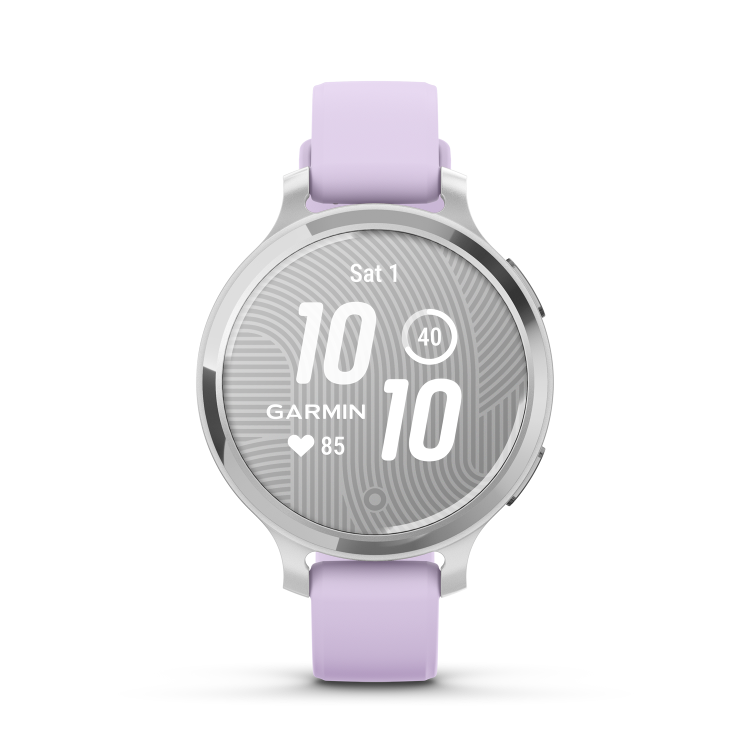 Een ronde zilveren smartwatch met een lavendelkleurige band die de tijd en gezondheidsgegevens weergeeft.