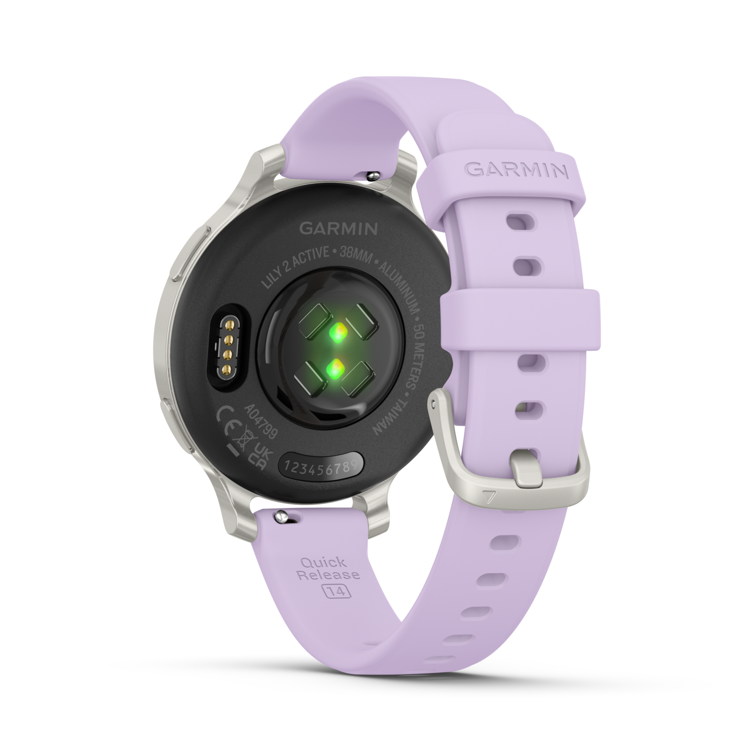 Garmin Lily 2 Active smartwatch met lichtpaarse band. Achteraanzicht met sensoren, serienummer en merknaam. Zwarte achtergrond.