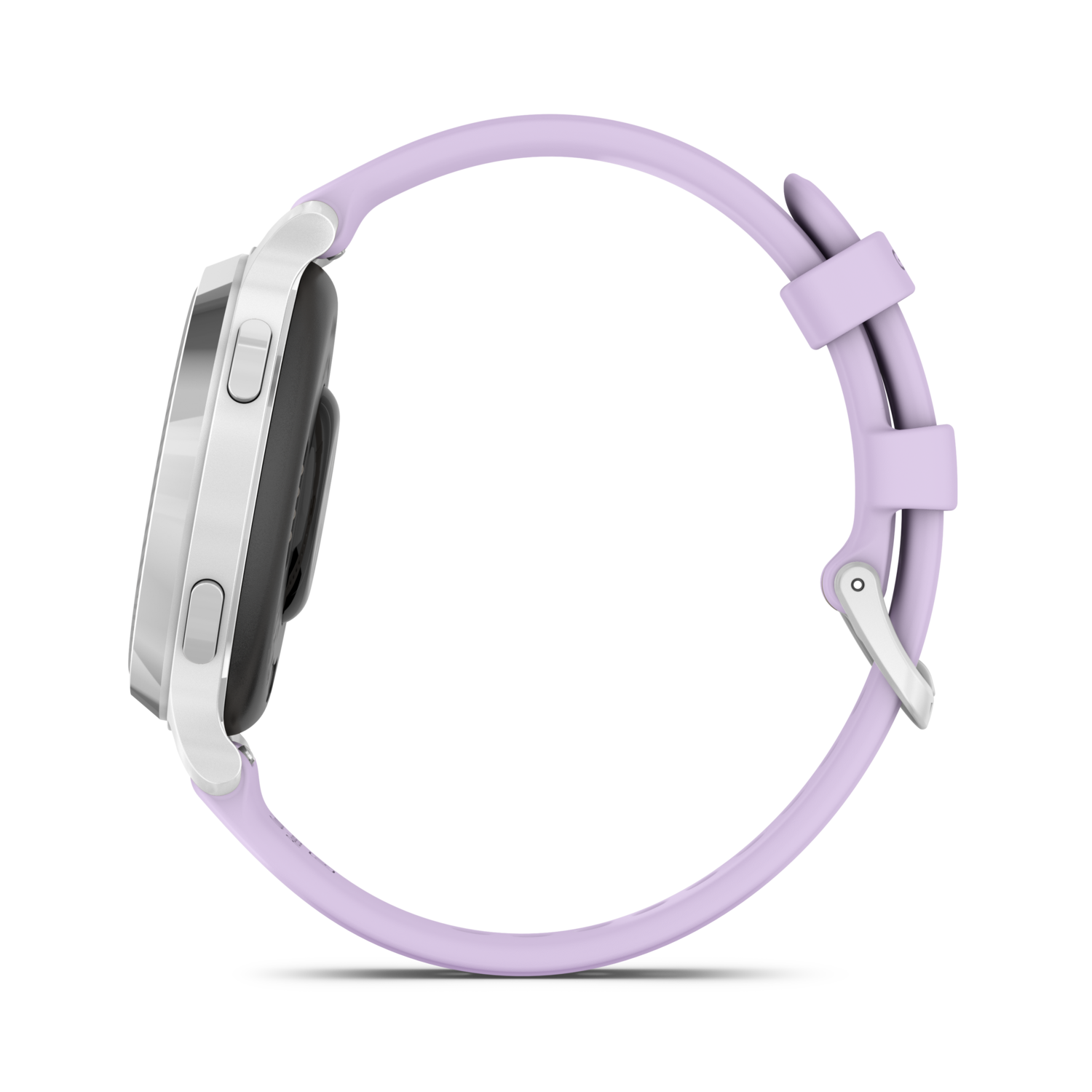 Zijaanzicht van een zilveren smartwatch met een lichtpaarse band en een zilveren sluiting.