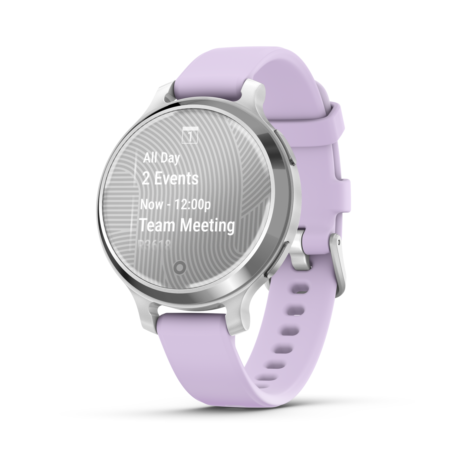 Een zilveren smartwatch met een paarse band, die agenda- en evenementdetails op het scherm weergeeft.
