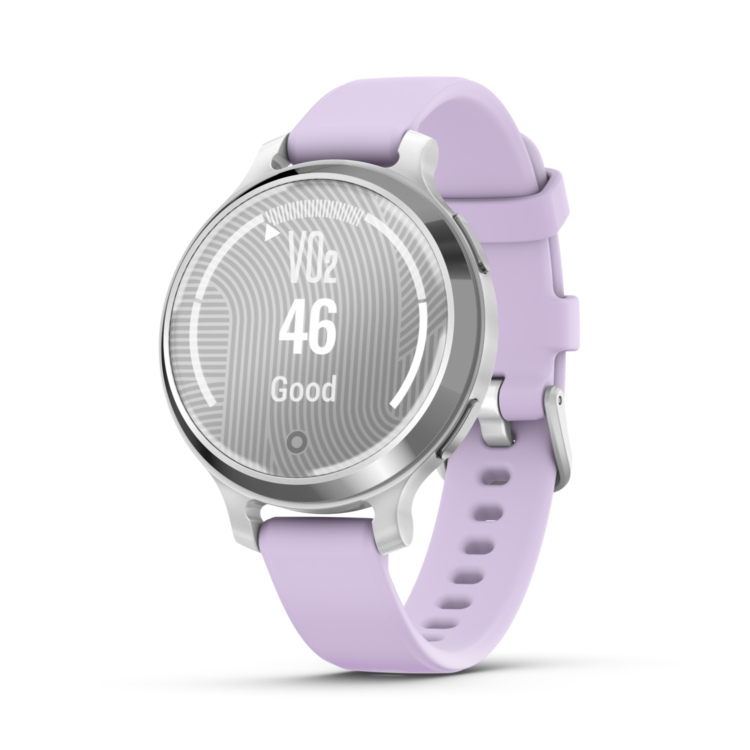 Paarse smartwatch met een ronde wijzerplaat die de VO2 46-waarde weergeeft. Lavendelkleurige band en zilveren kast.