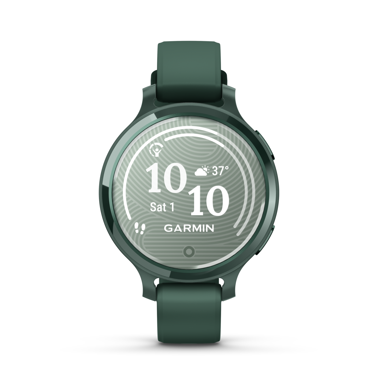 Groene smartwatch met digitale display die tijd en datum toont.