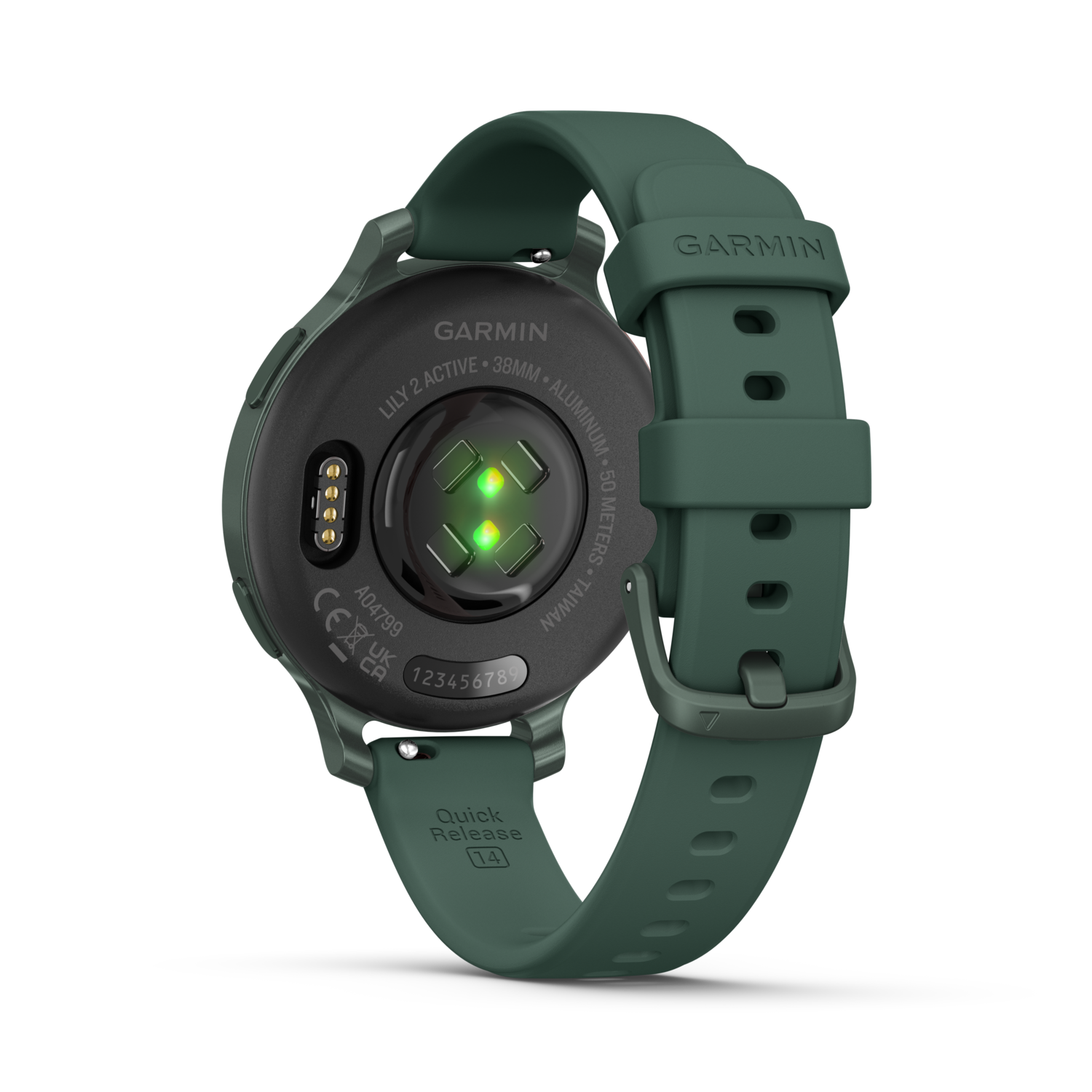Groene Garmin smartwatch met groene band, achterkant met sensoren en tekst.