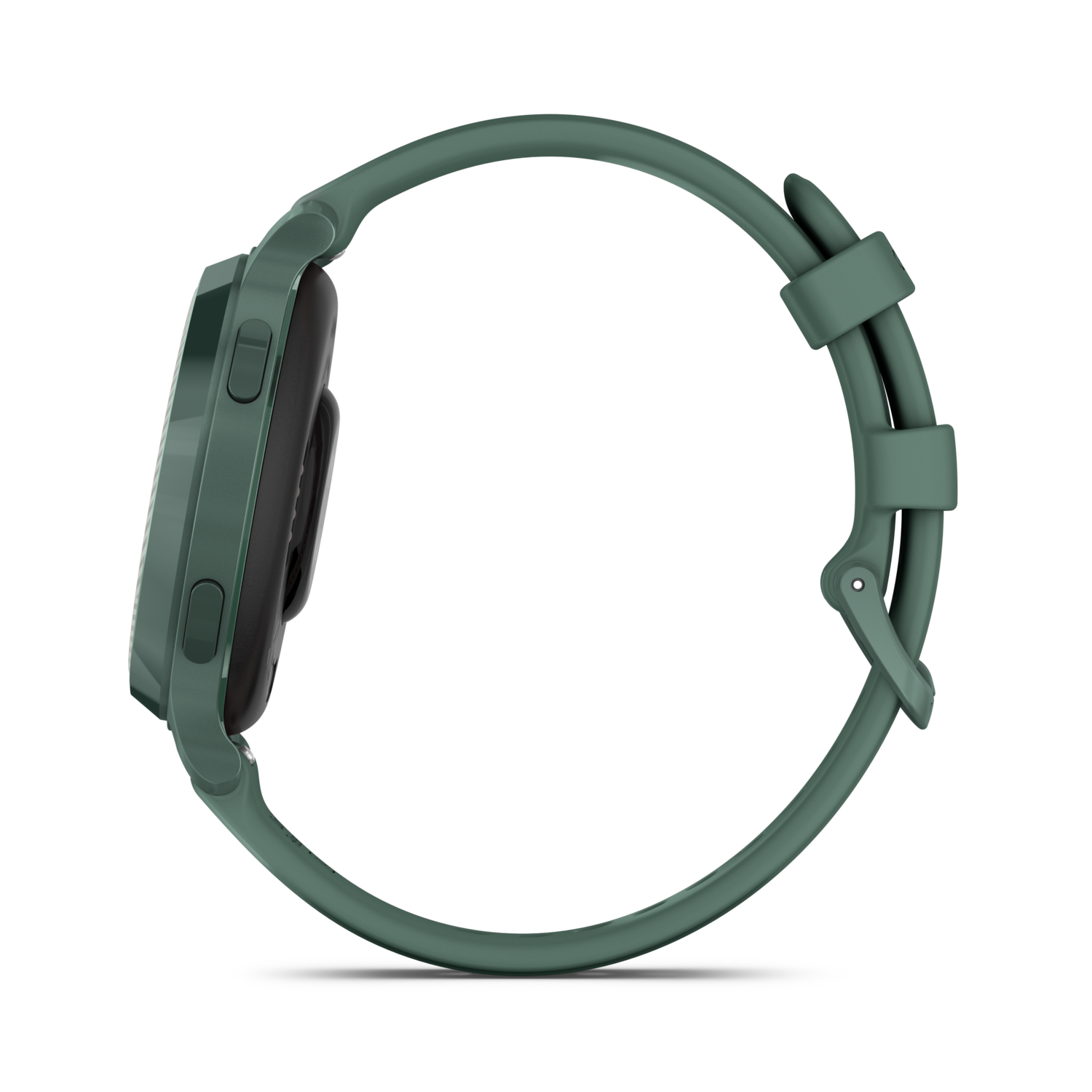 Groene smartwatch, zijaanzicht, zwart scherm, donkere achtergrond.