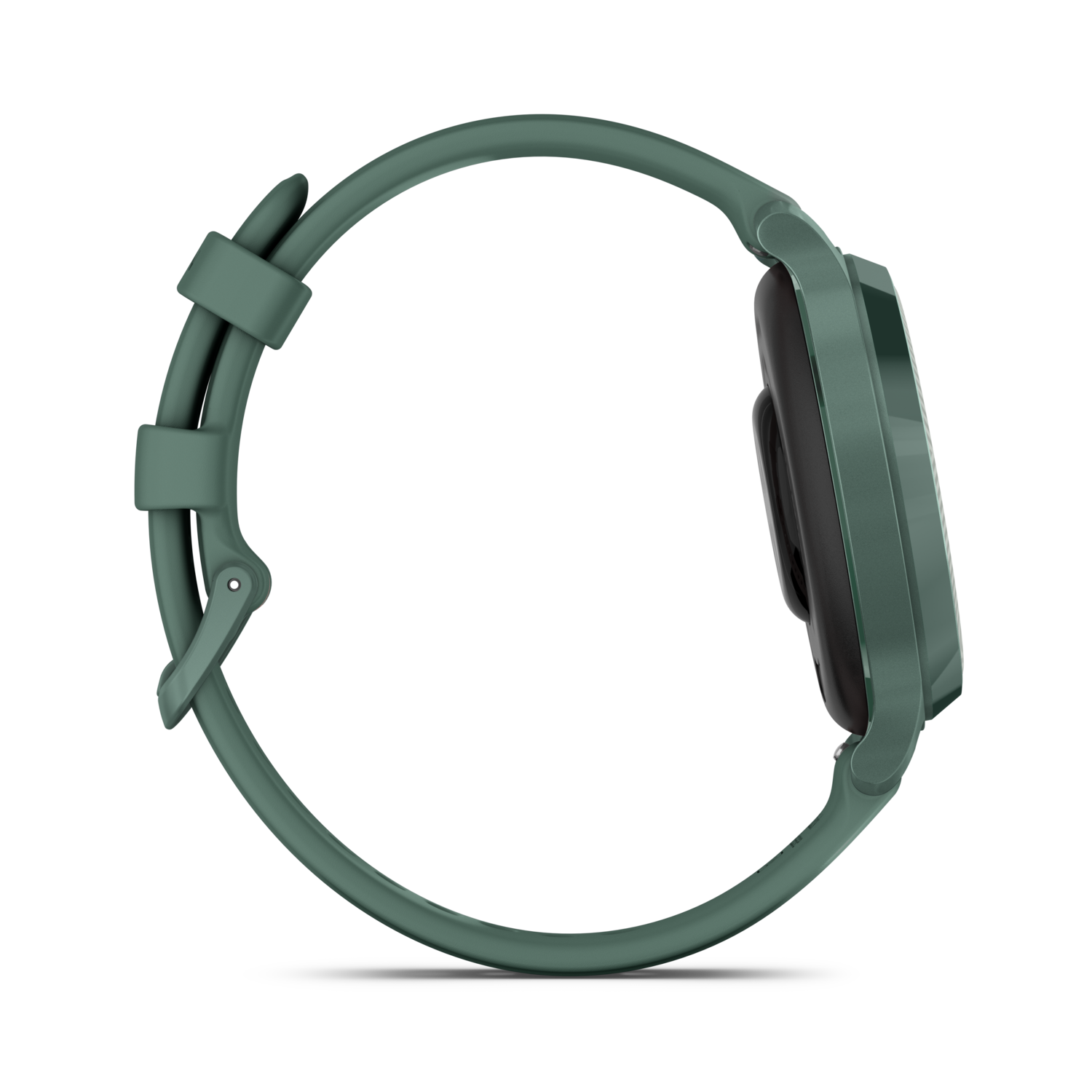 Groene smartwatch, zijaanzicht, op een zwarte achtergrond.