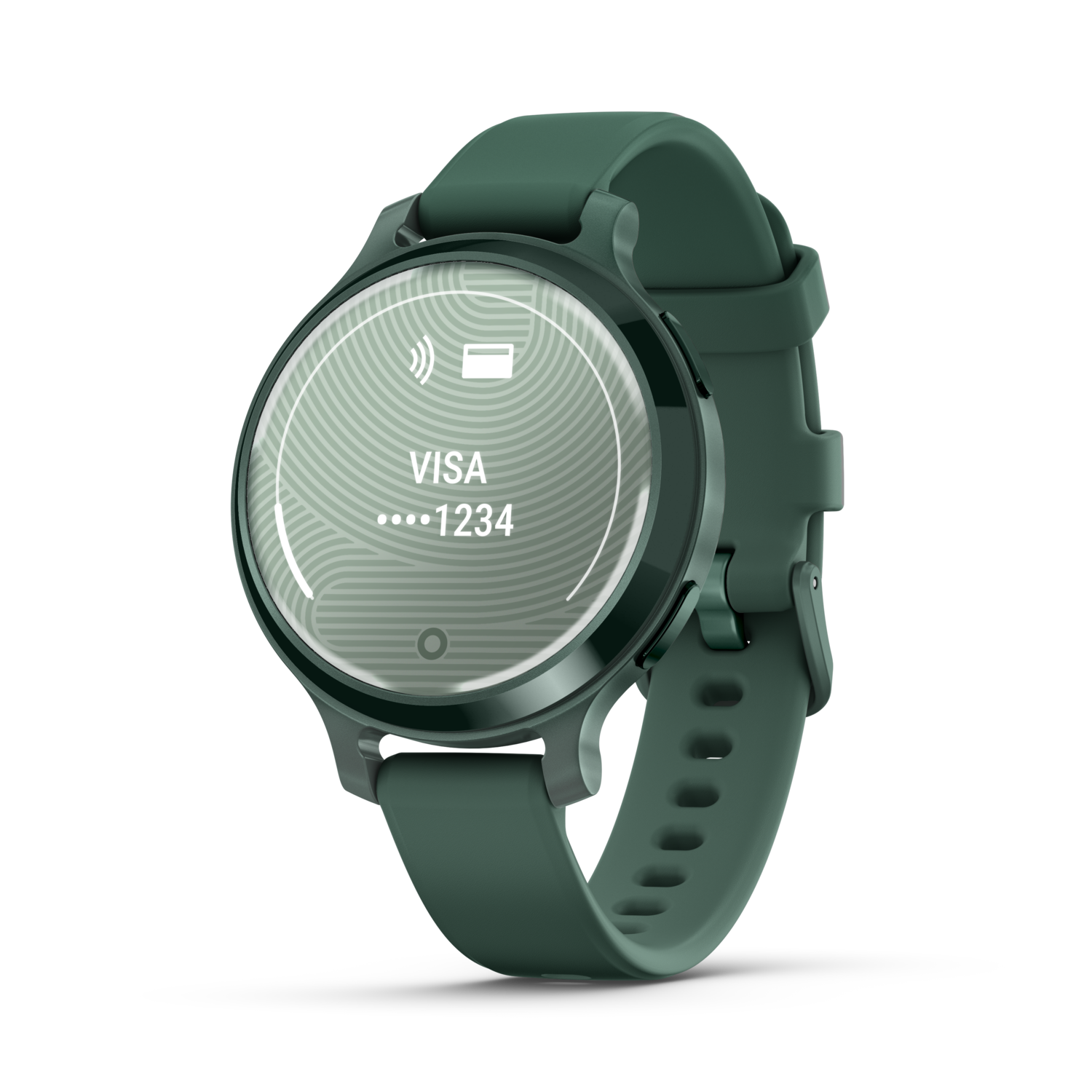 Groene smartwatch met een digitale betalingsinterface op het scherm en een groene band.