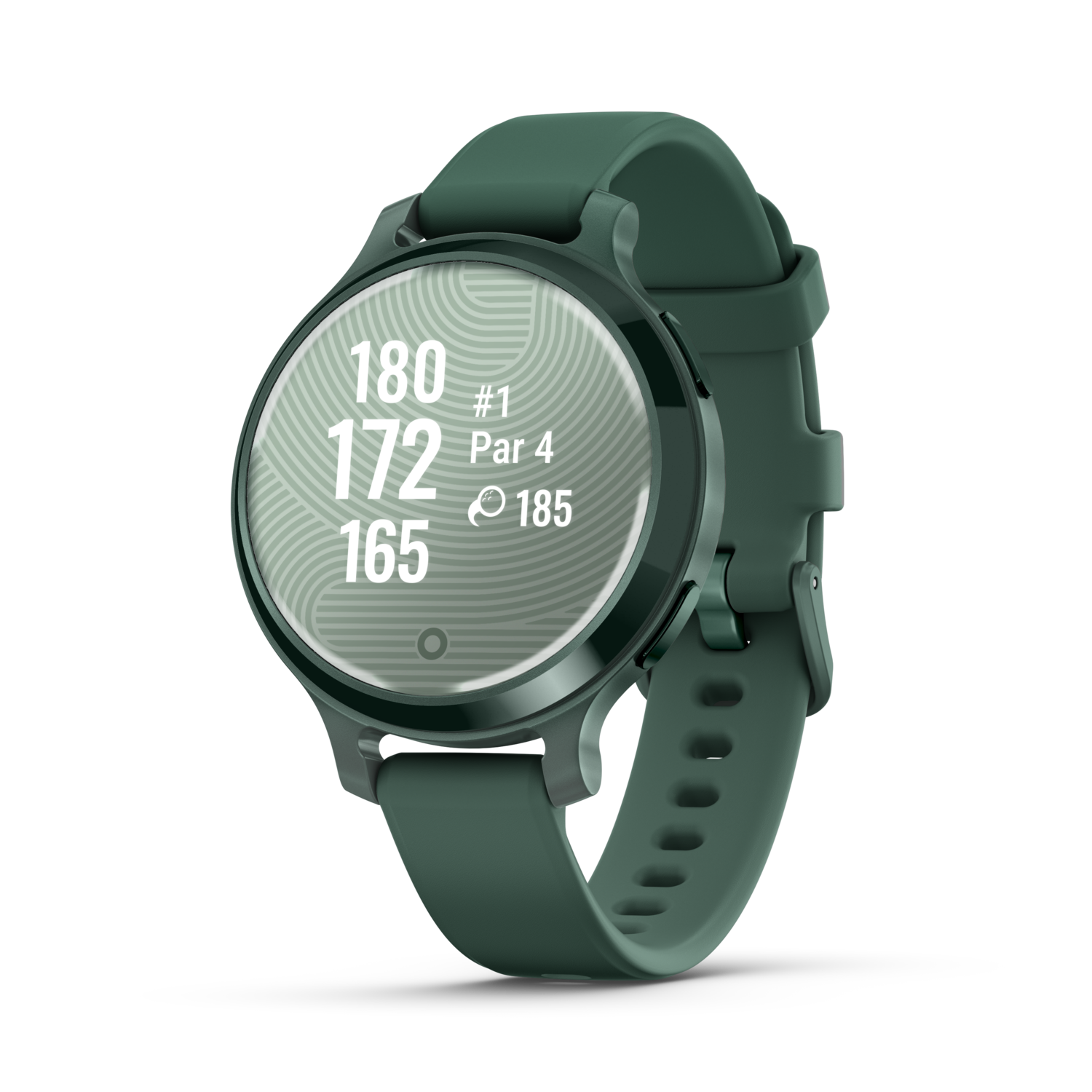 Groene smartwatch met golfbaaninformatie, met een groene band.