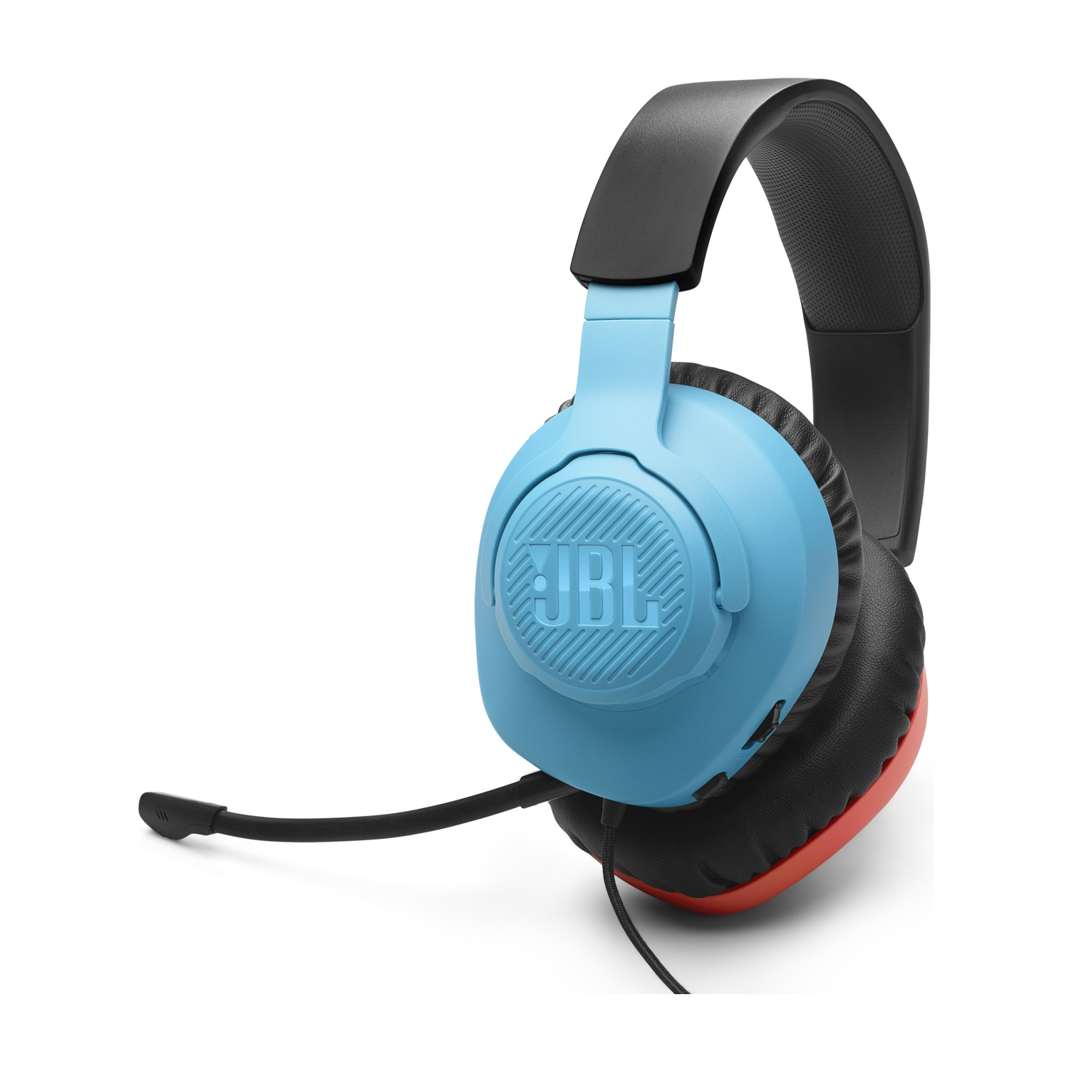 Cuffie da gioco JBL blu con microfono, su sfondo bianco.