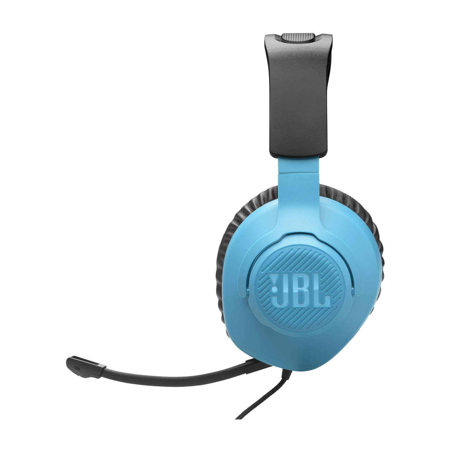 Cuffie JBL blu e grigie con microfono, su sfondo bianco.